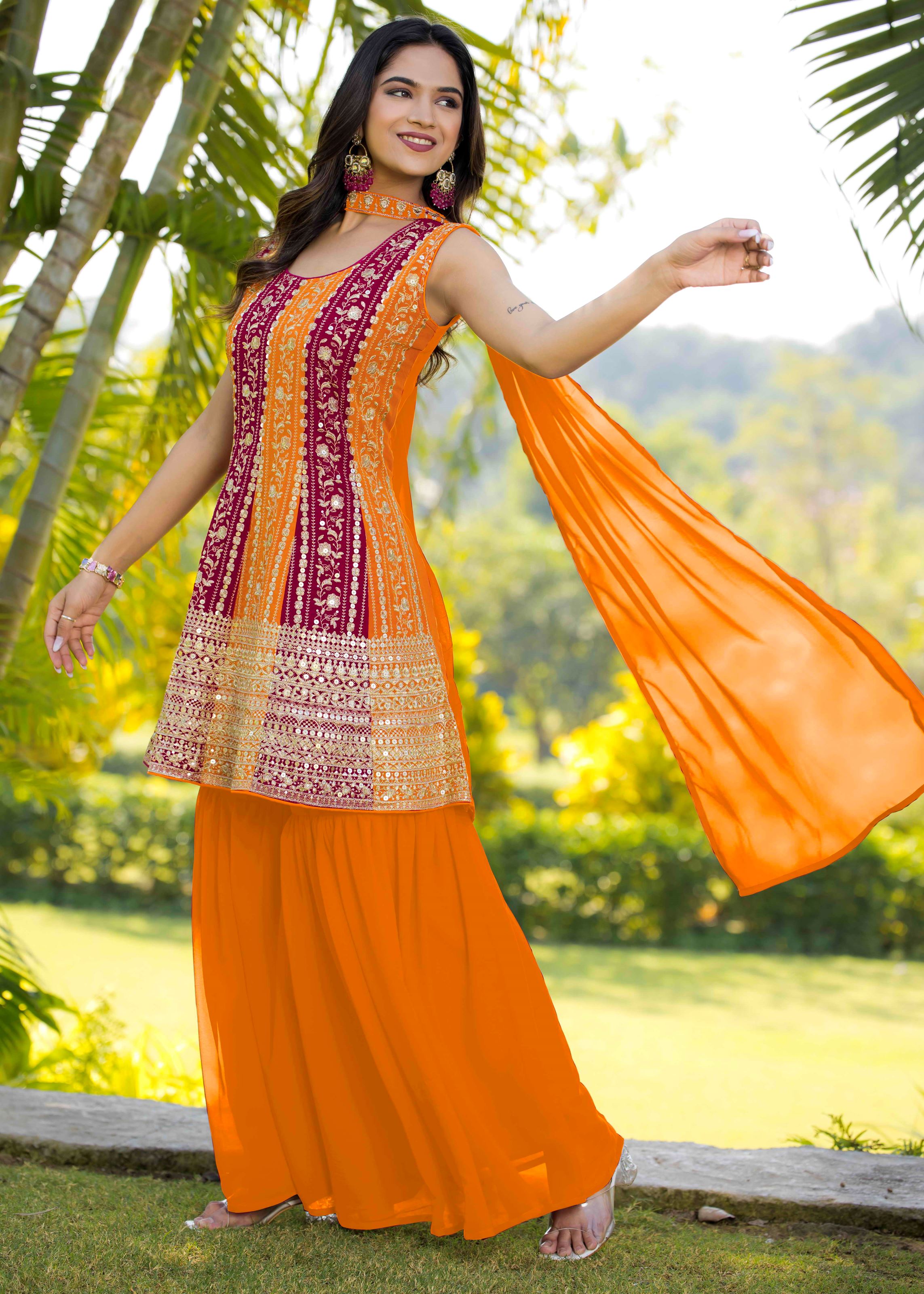 Multi Sharara Dress With Sequence Embroidered