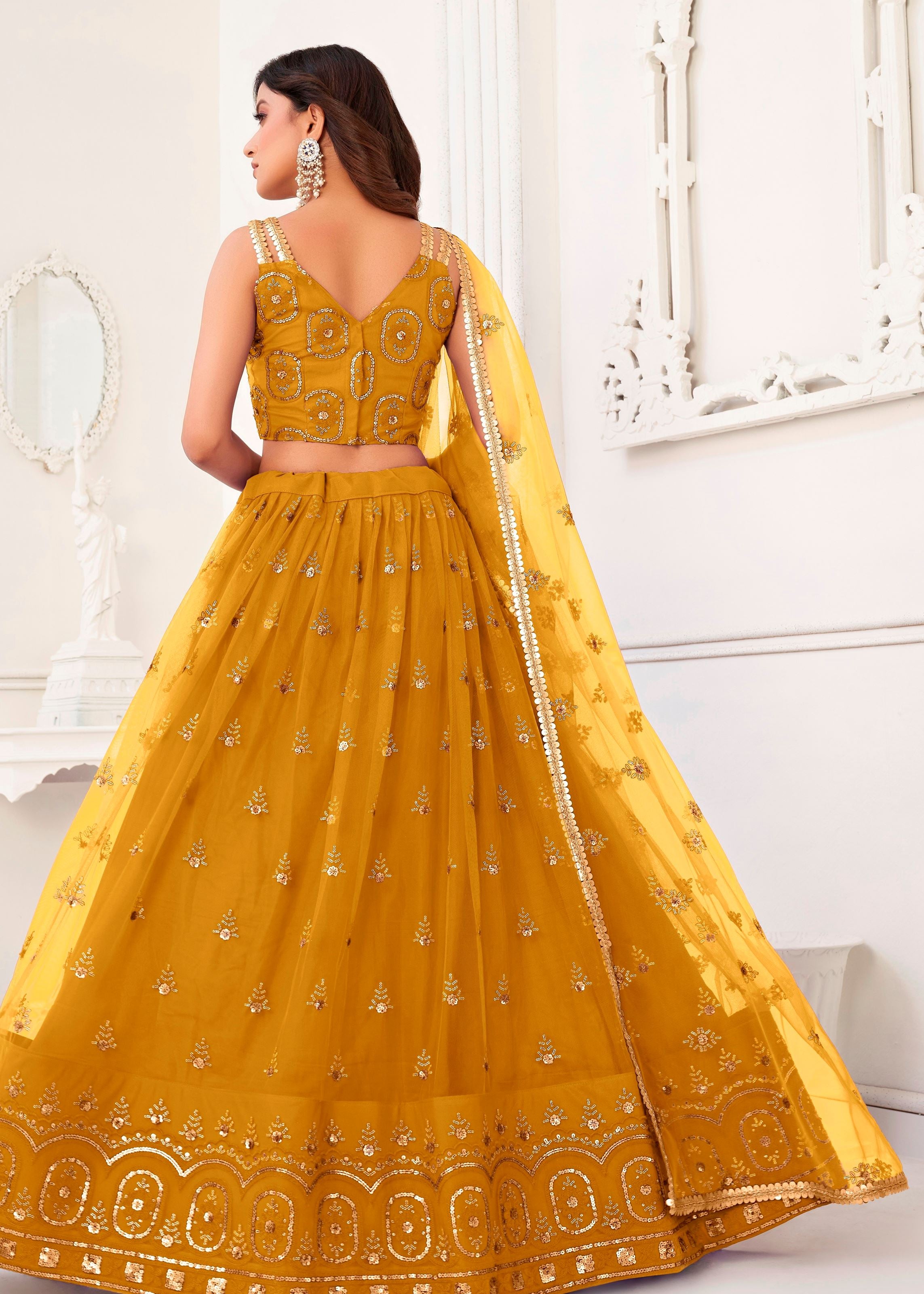 Mustard Butterfly Net Lehenga Choli With  Thread And Zari Sandwich Sequence Embroidery Work