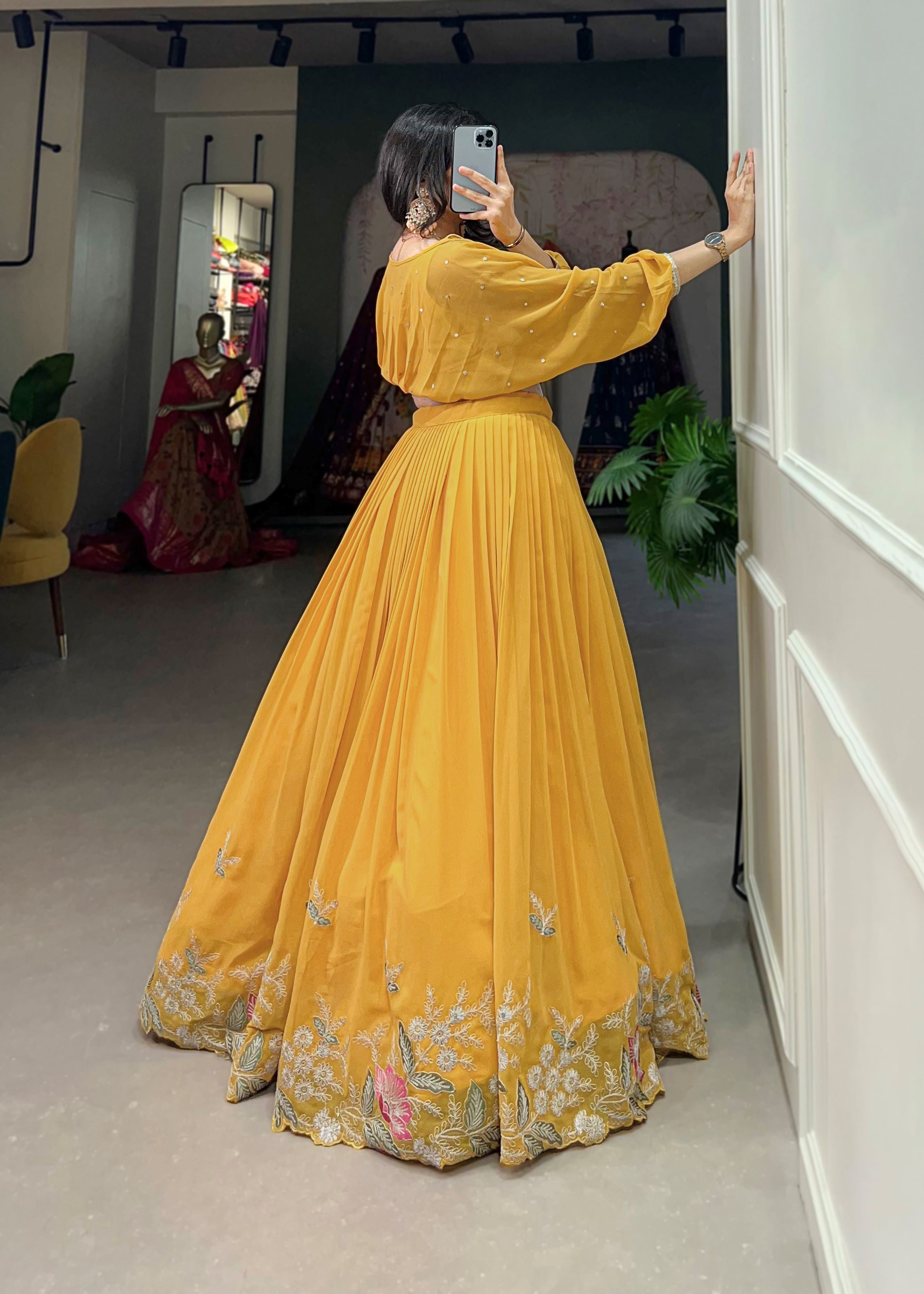 Mustard Georgette Lehenga with Sequin and Thread Detailing Light  Elegant