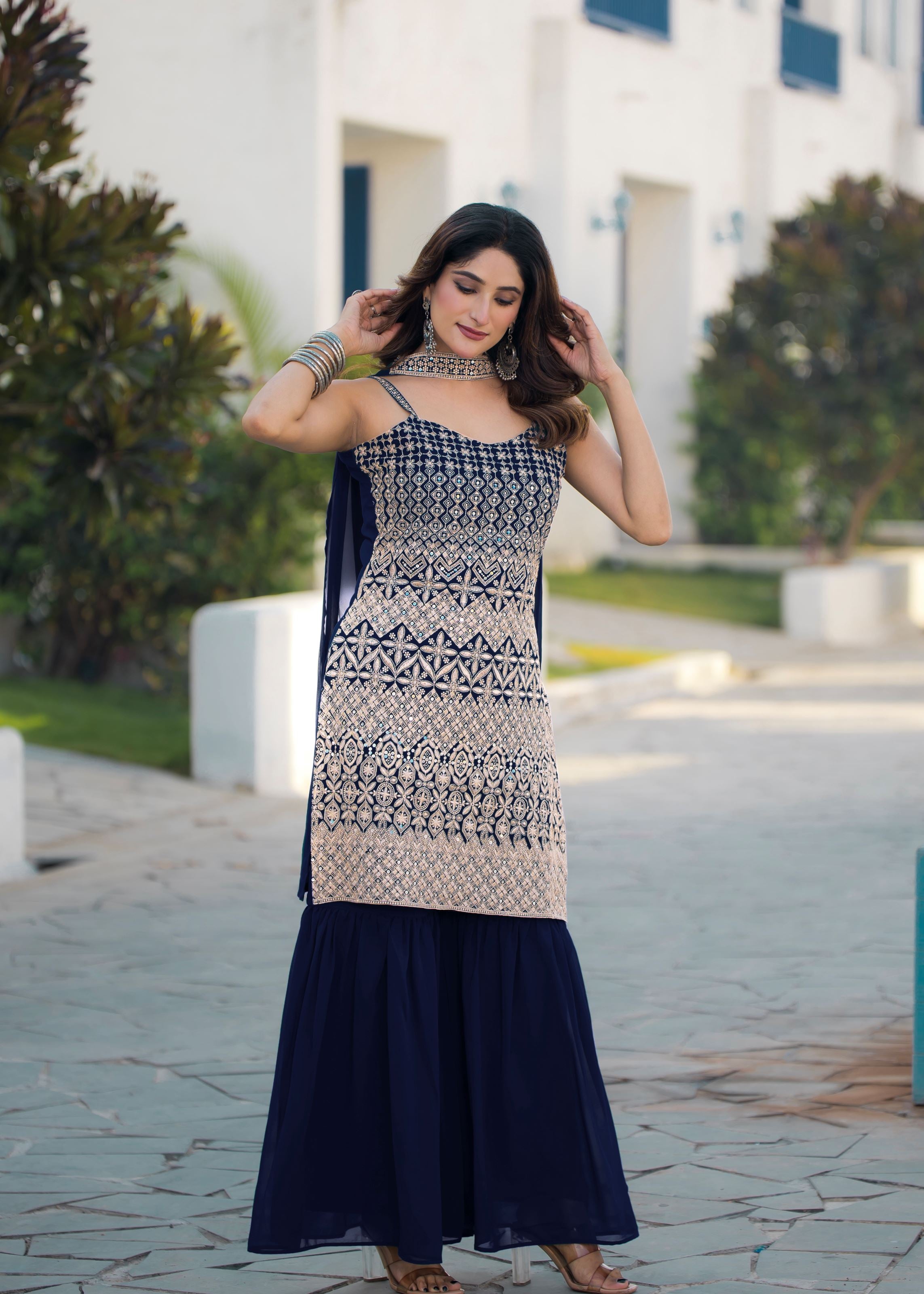 Navy Blue Sharara Dress With Sequence Embroidered