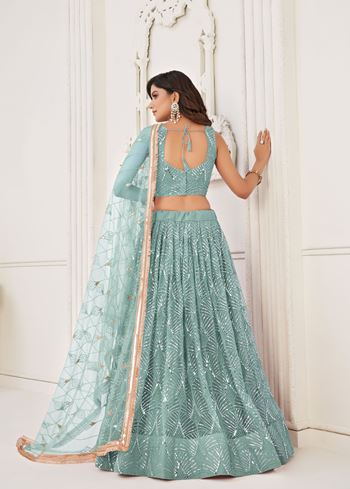 Ocean Blue Net Lehenga Choli With Thread Embroidery Real Mirror Work