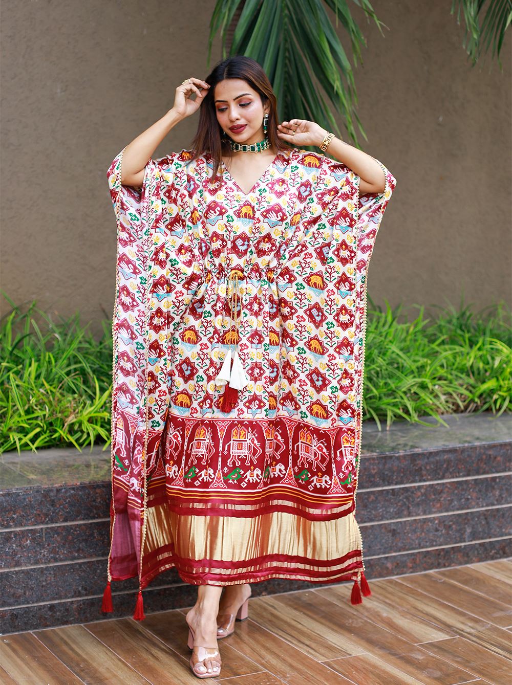 Off White Color Pure Gaji Silk Kaftan with Gotta Patti  Tassels