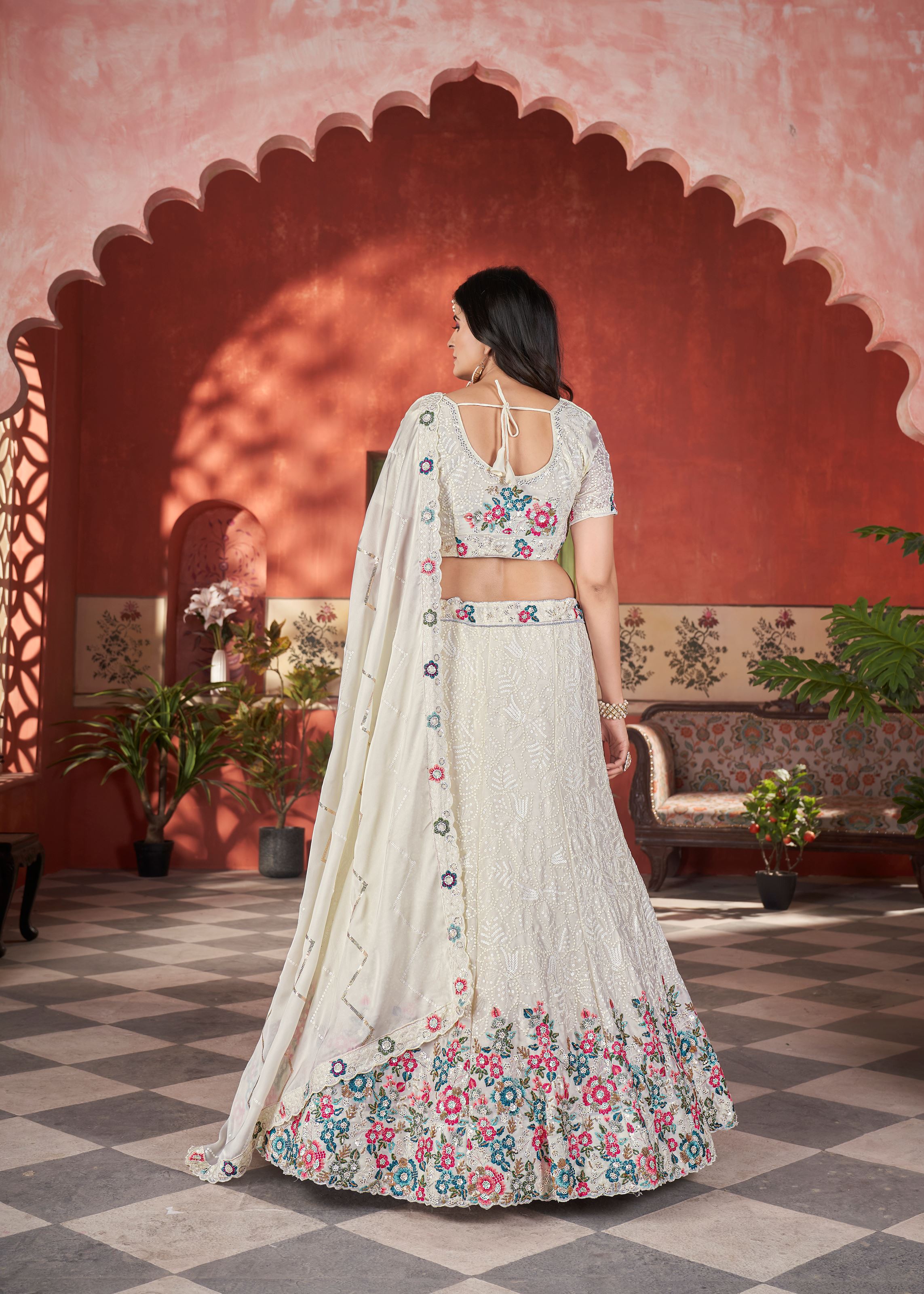 Offwhite Chinnon Lehenga with Multi Thread  Copper Sequin Work