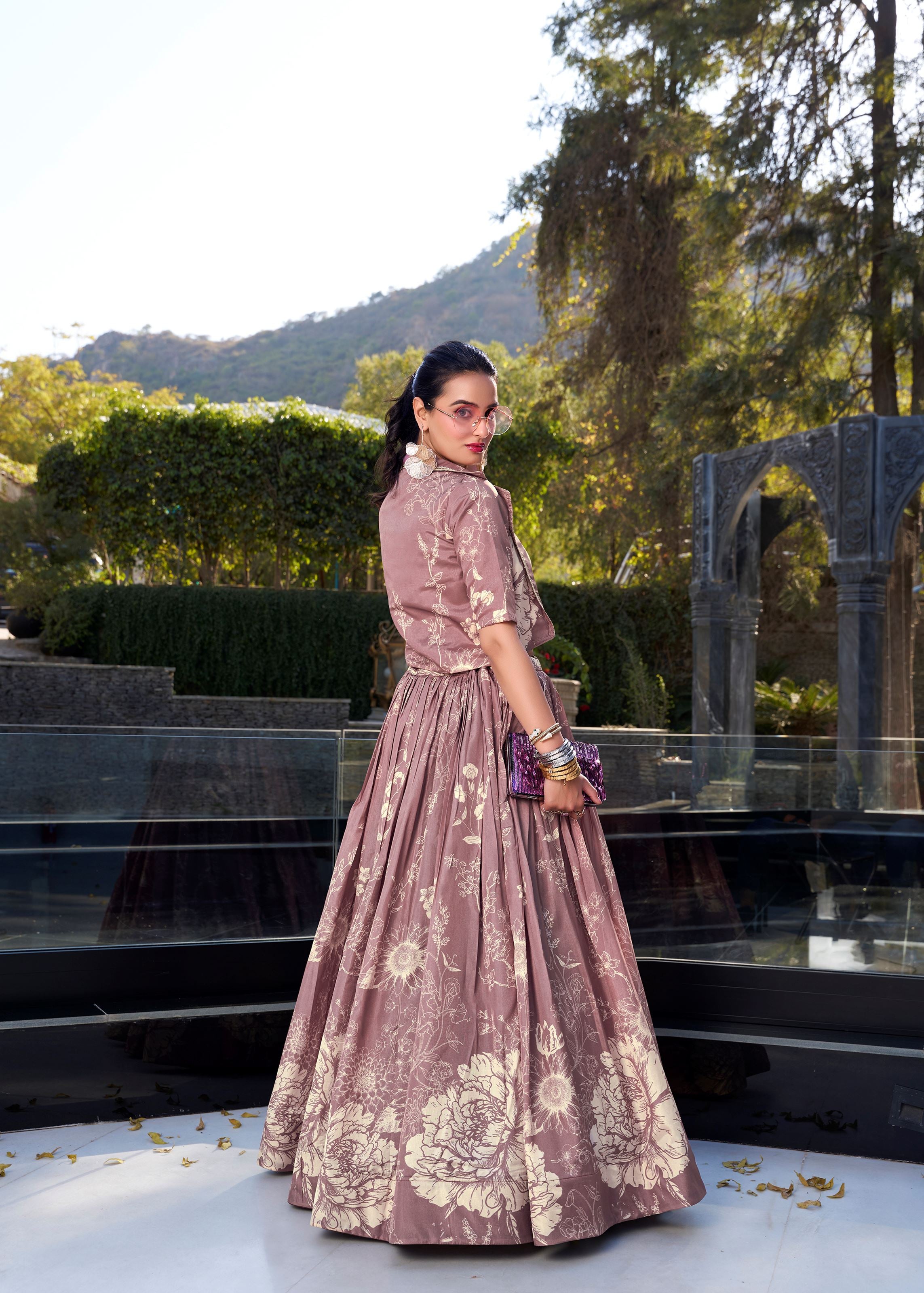 Onion  Grace in Bloom Tussar Silk Floral Print Lehenga