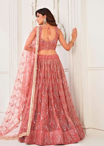 OnionPink Net Lehenga Choli With Thread Embroidery Real Mirror Work
