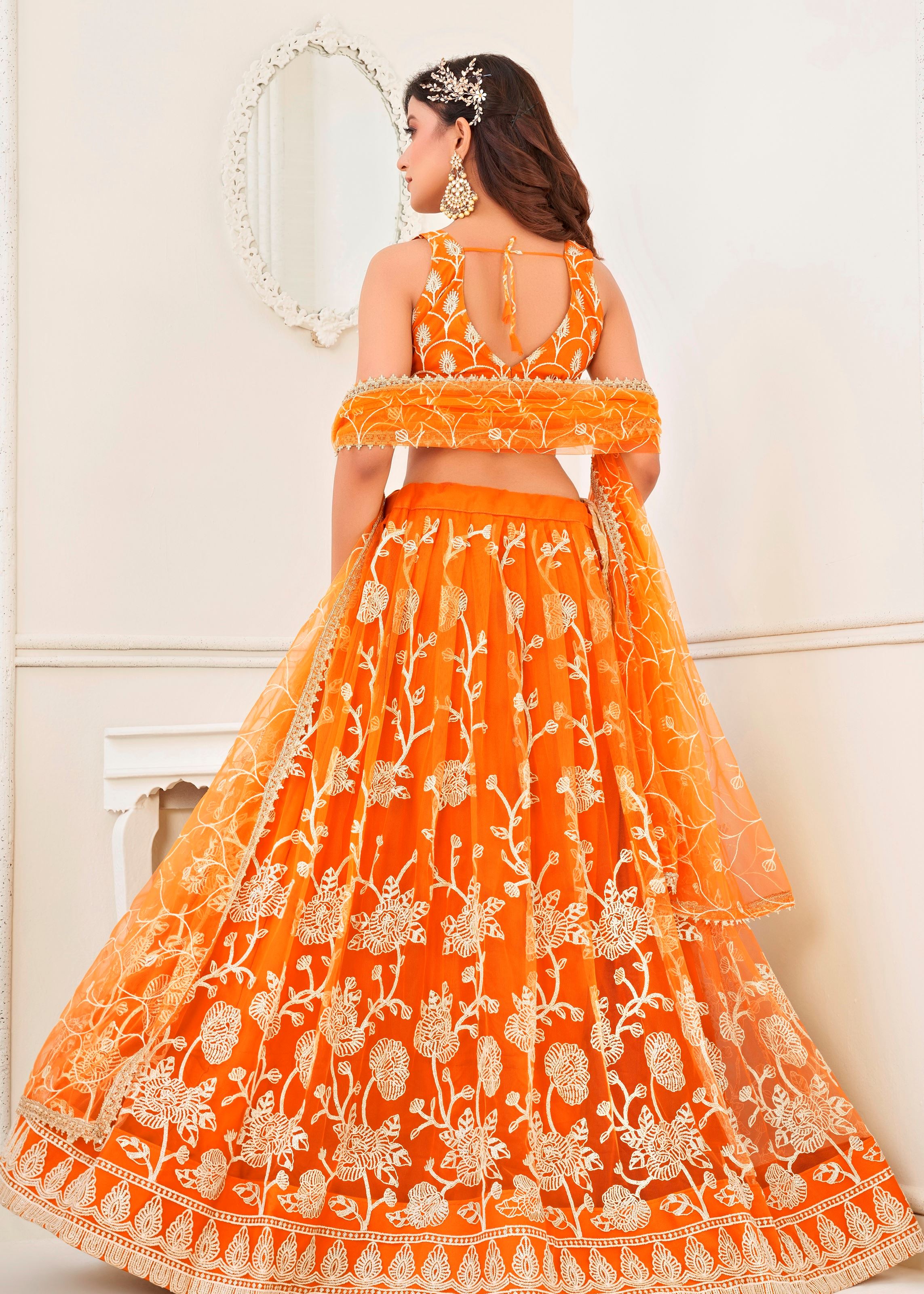 Orange Butterfly Net Lehenga Choli With Embroidery And Sequins Work