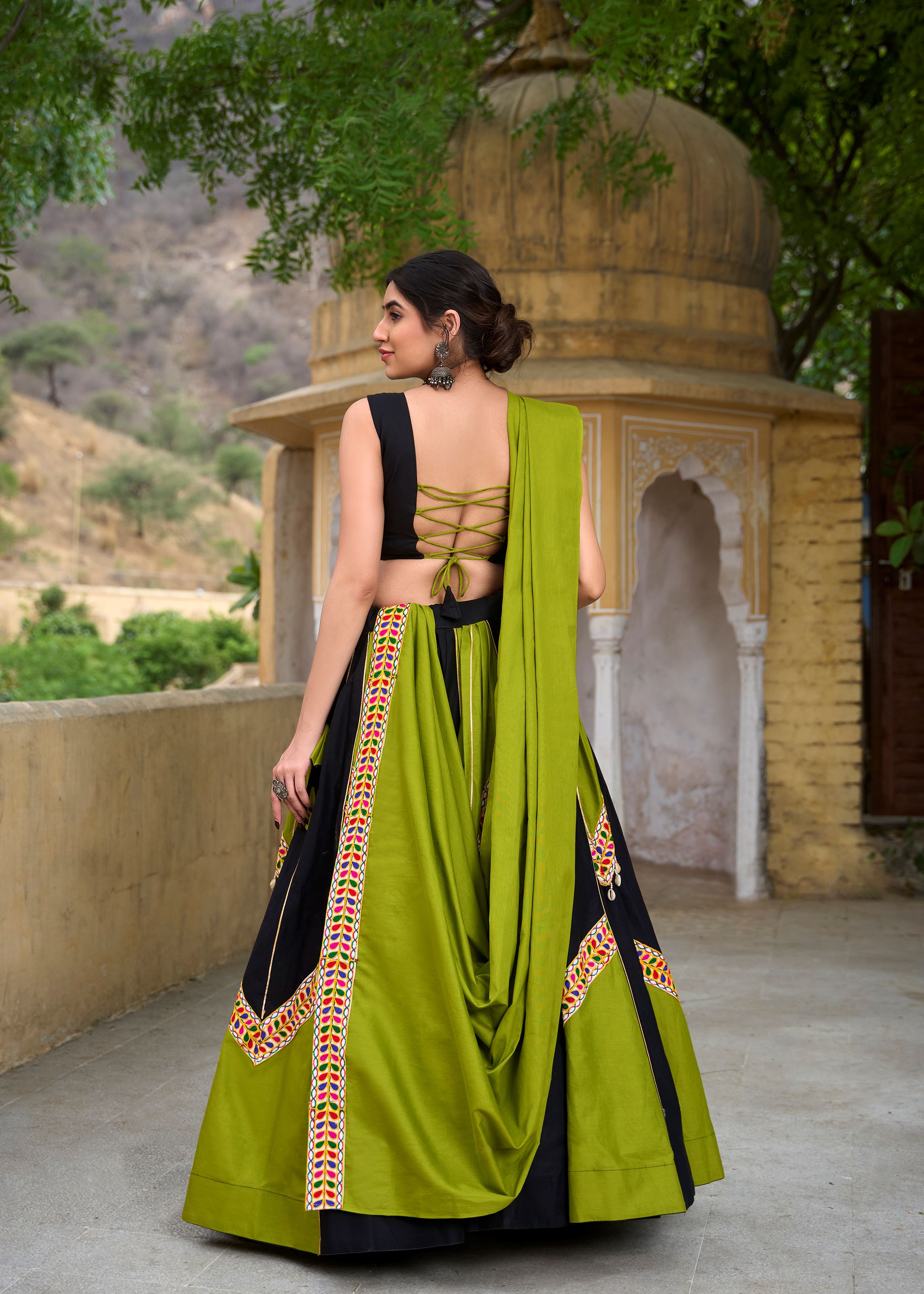 Parrot-Black Gamthi Work Lehenga Choli with Gota Patti  Kodi Lace