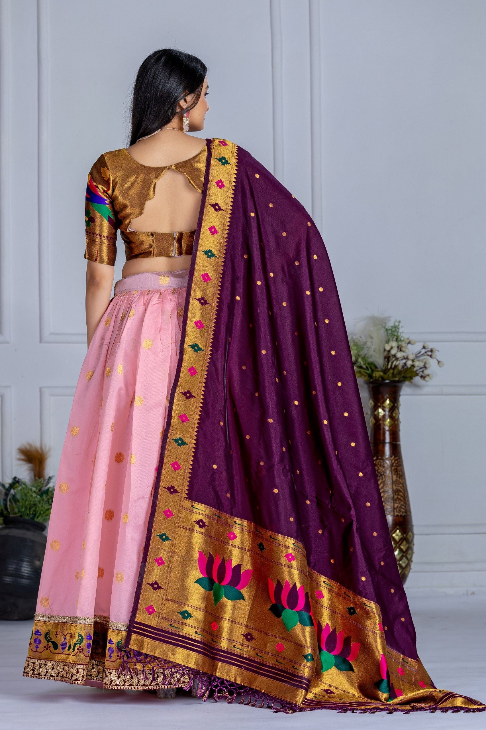 Pink Lehenga Choli With Jacquard With Zari Weaving With Embroidery Lace Attached