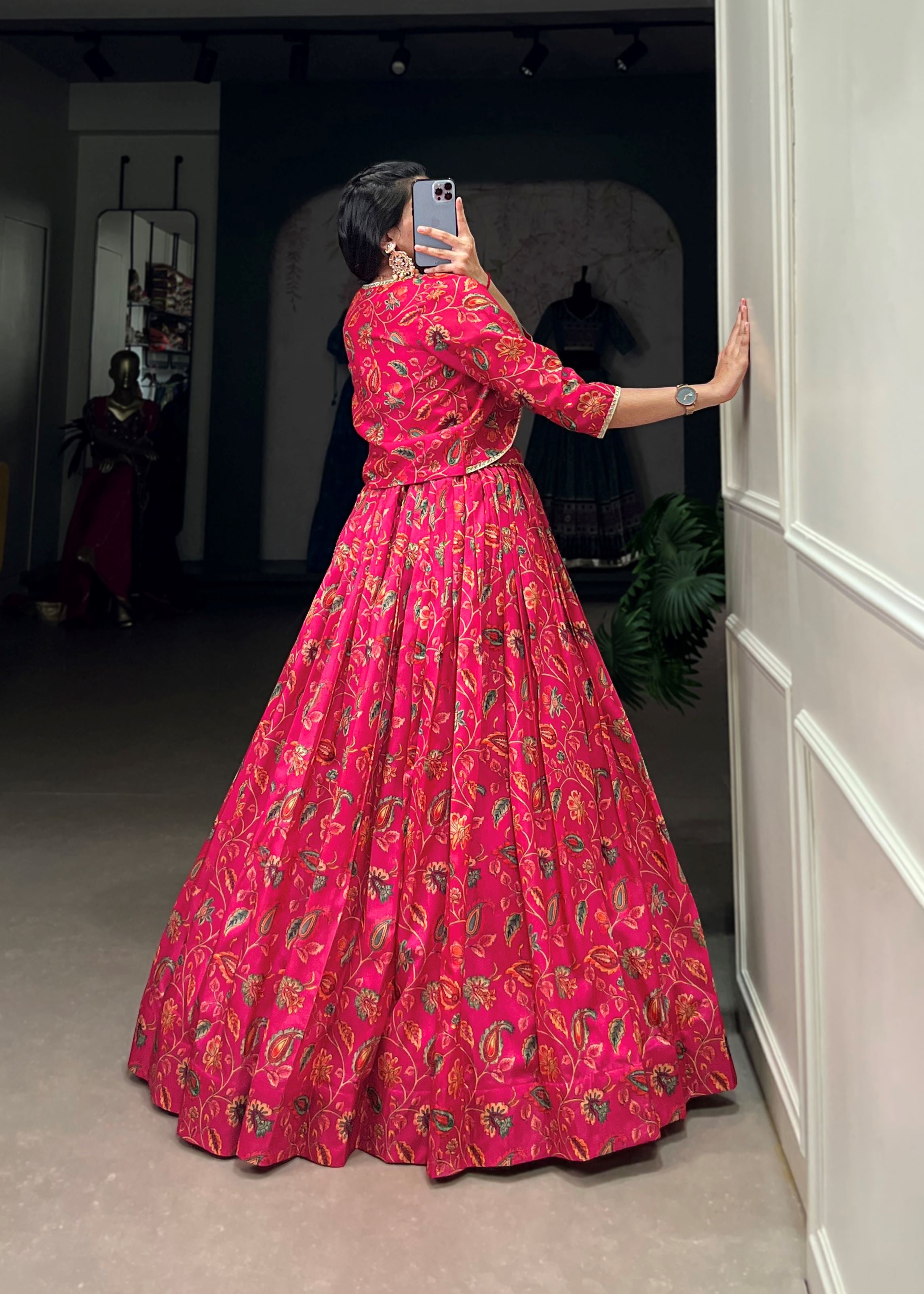 Pink Tussar Silk Lehenga with Delicate Florals  Gota Patti Details