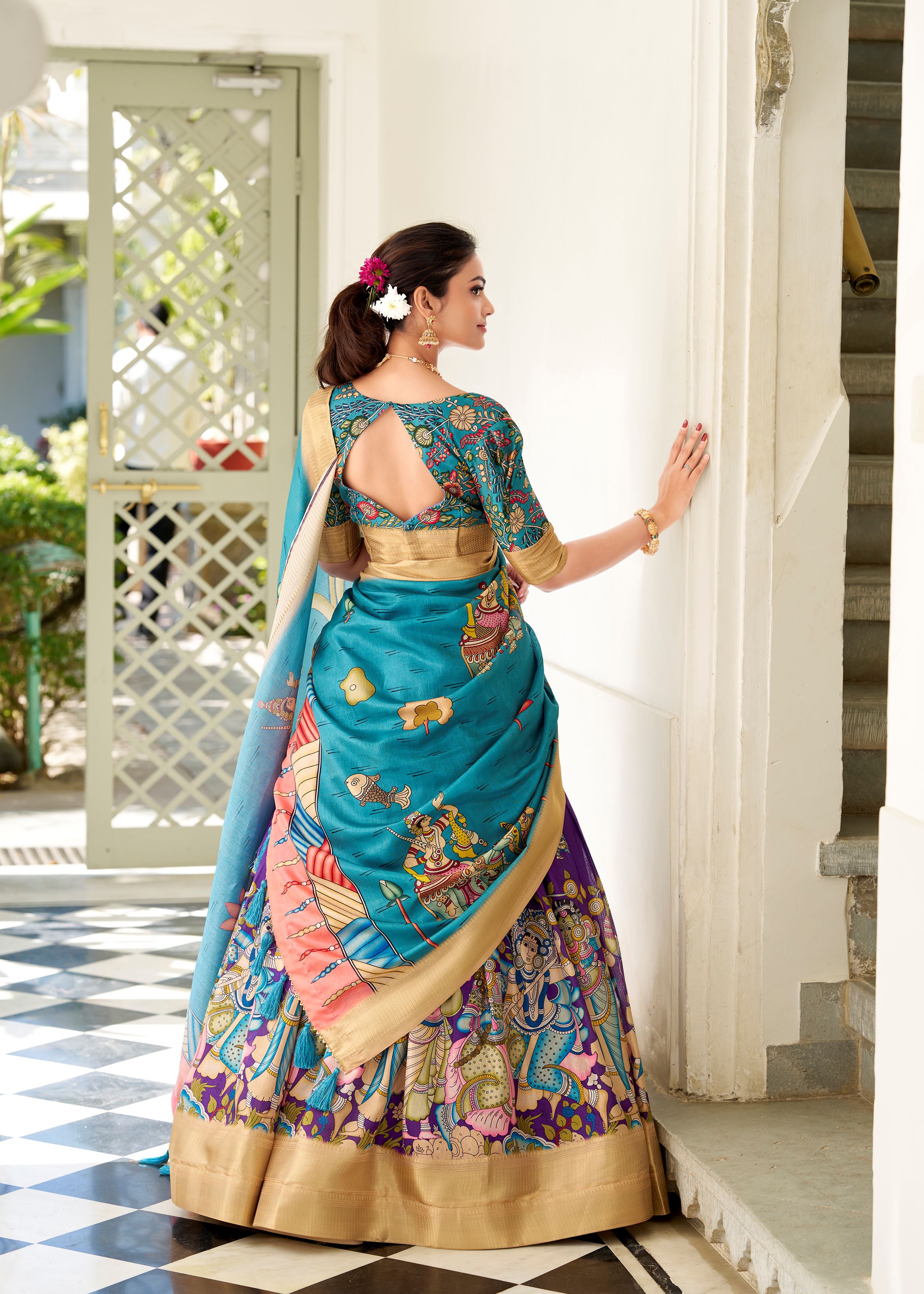 Purple Kalamkari Charm on Luxurious Dola Silk Lehenga with Woven Borders