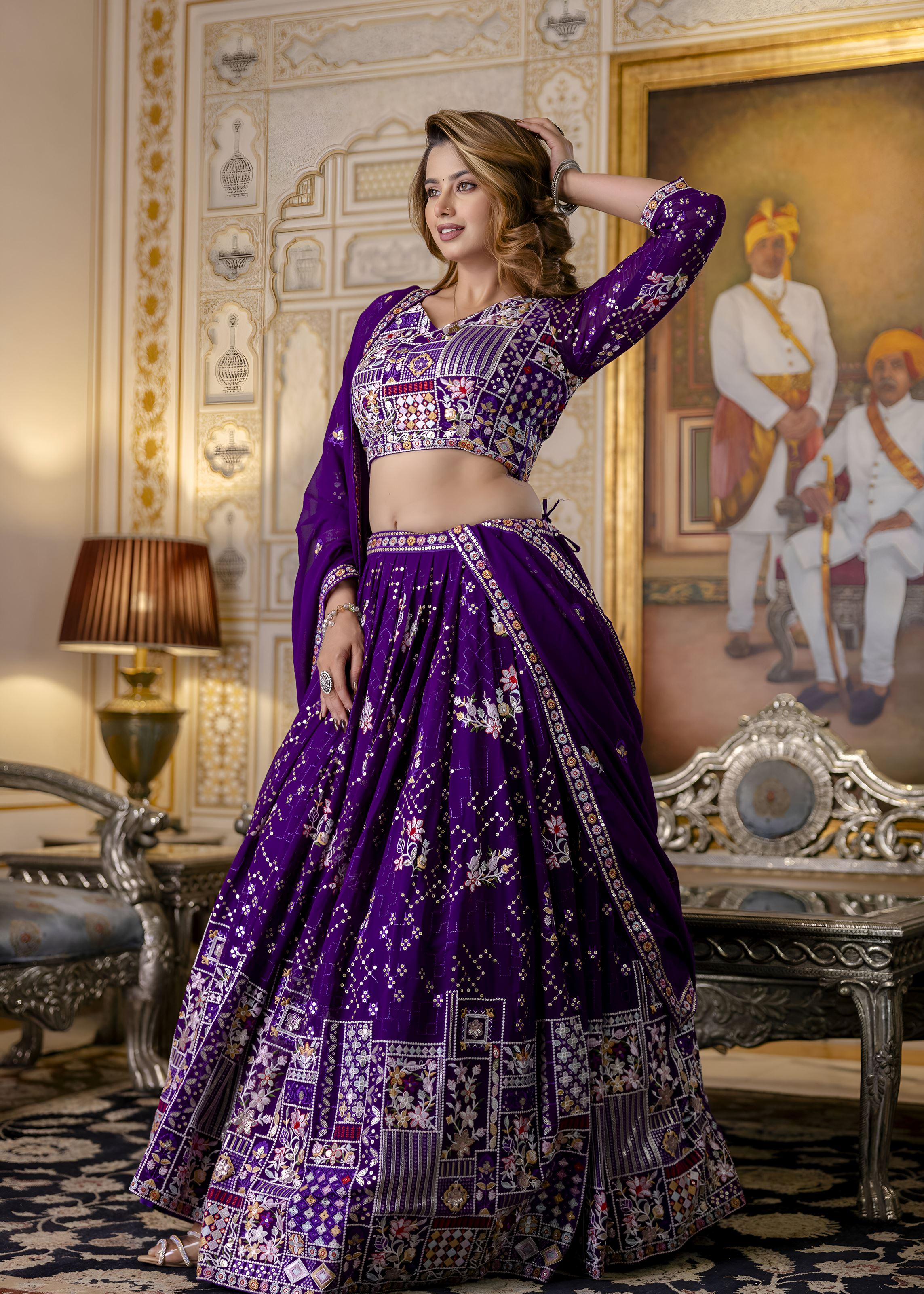 Purple Lehenga Choli with Heavy Embroidery, Sequence work