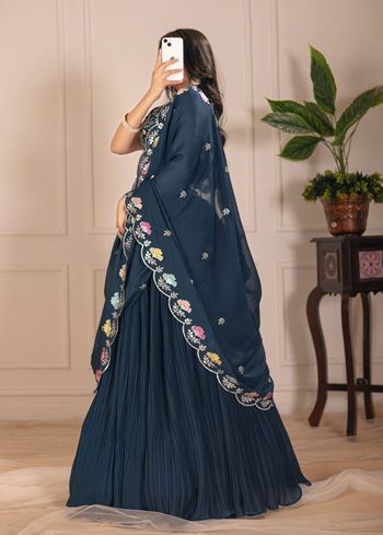 Rama Lehenga Choli With Embroidery With Multi Thread  Sequence Work