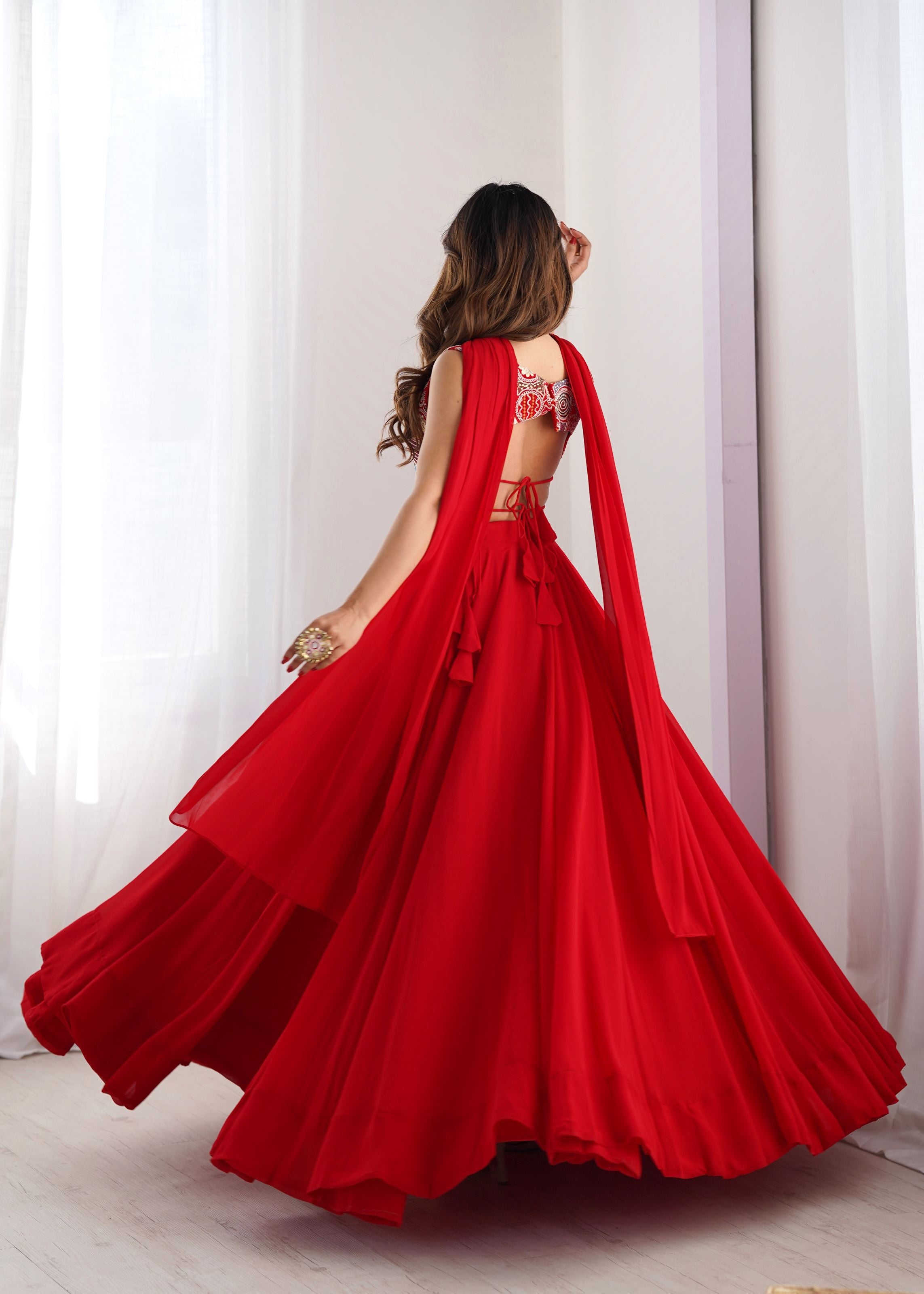 Red Georgette Lehenga with 9 Needle Embroidery  Dori Jari Work