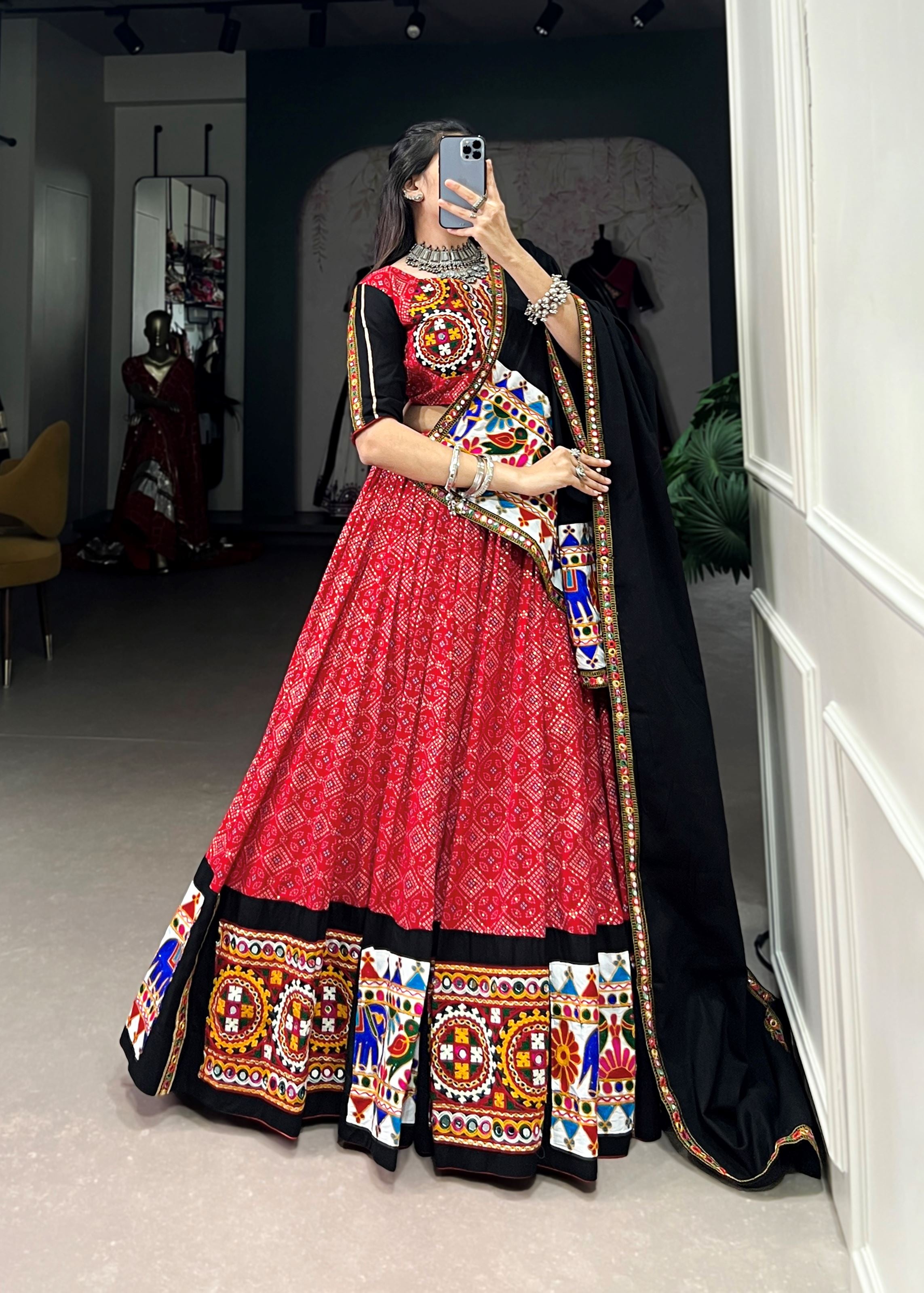 Red Printed Gamthi  Mirror Work Lehenga Choli