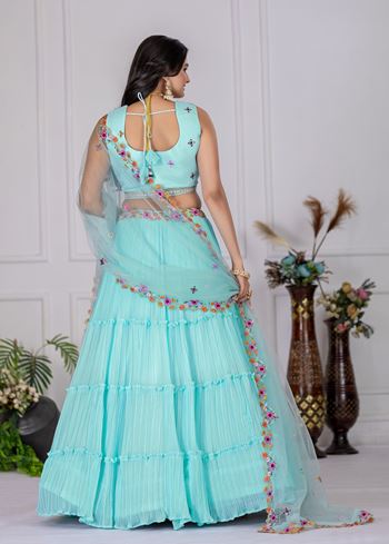 Sky Lehenga Choli With Embroidery With Multi Thread  Sequence Work