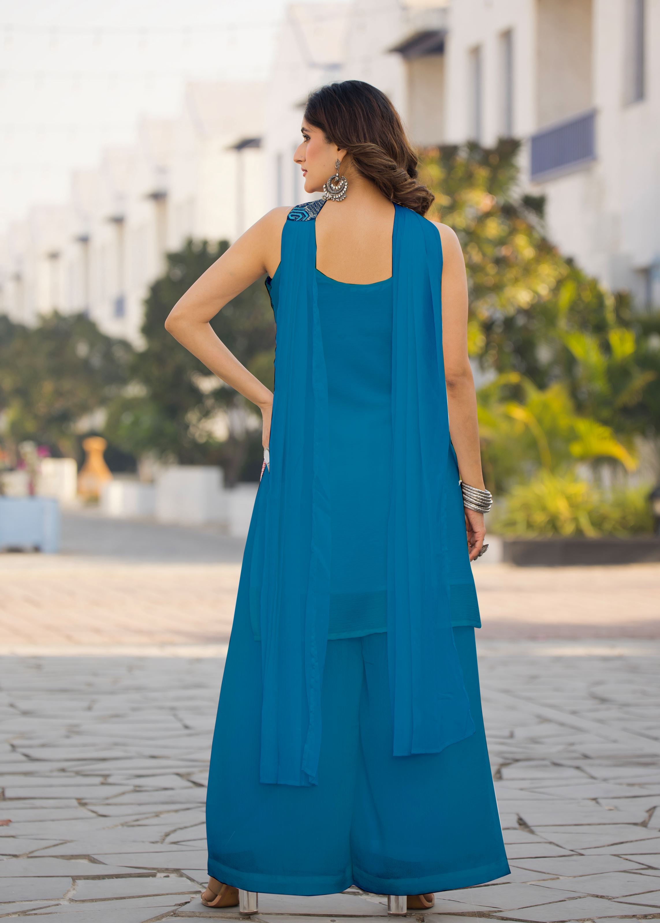 Sky Sharara Dress With Embroidery Work