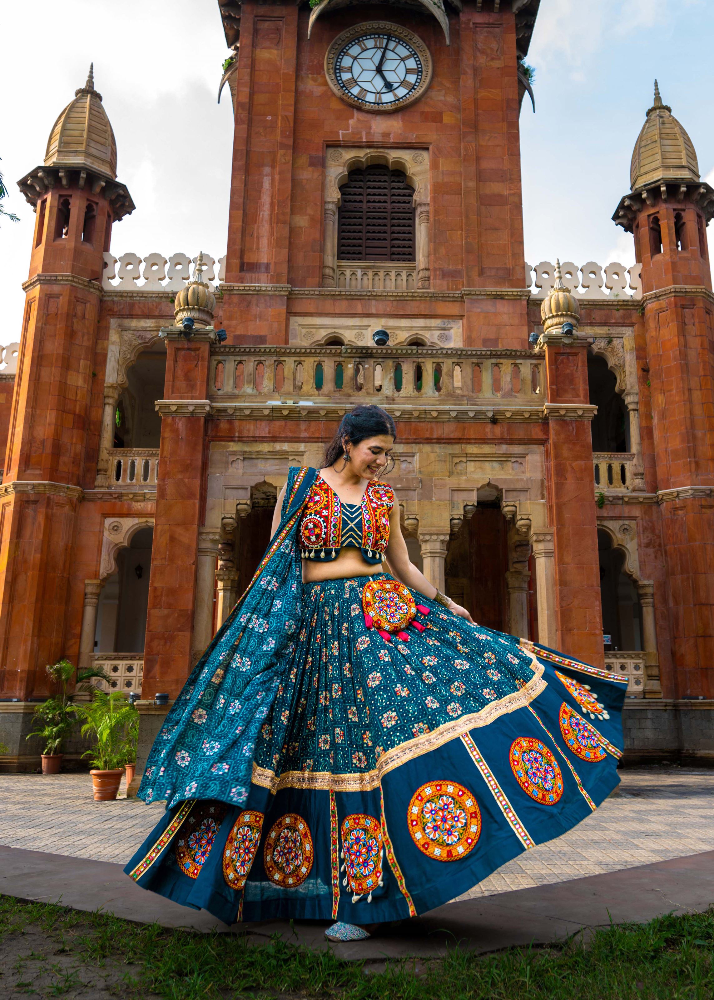 Teal Foil Work Lehenga Choli with Gamthi Patch and Lace Detailing
