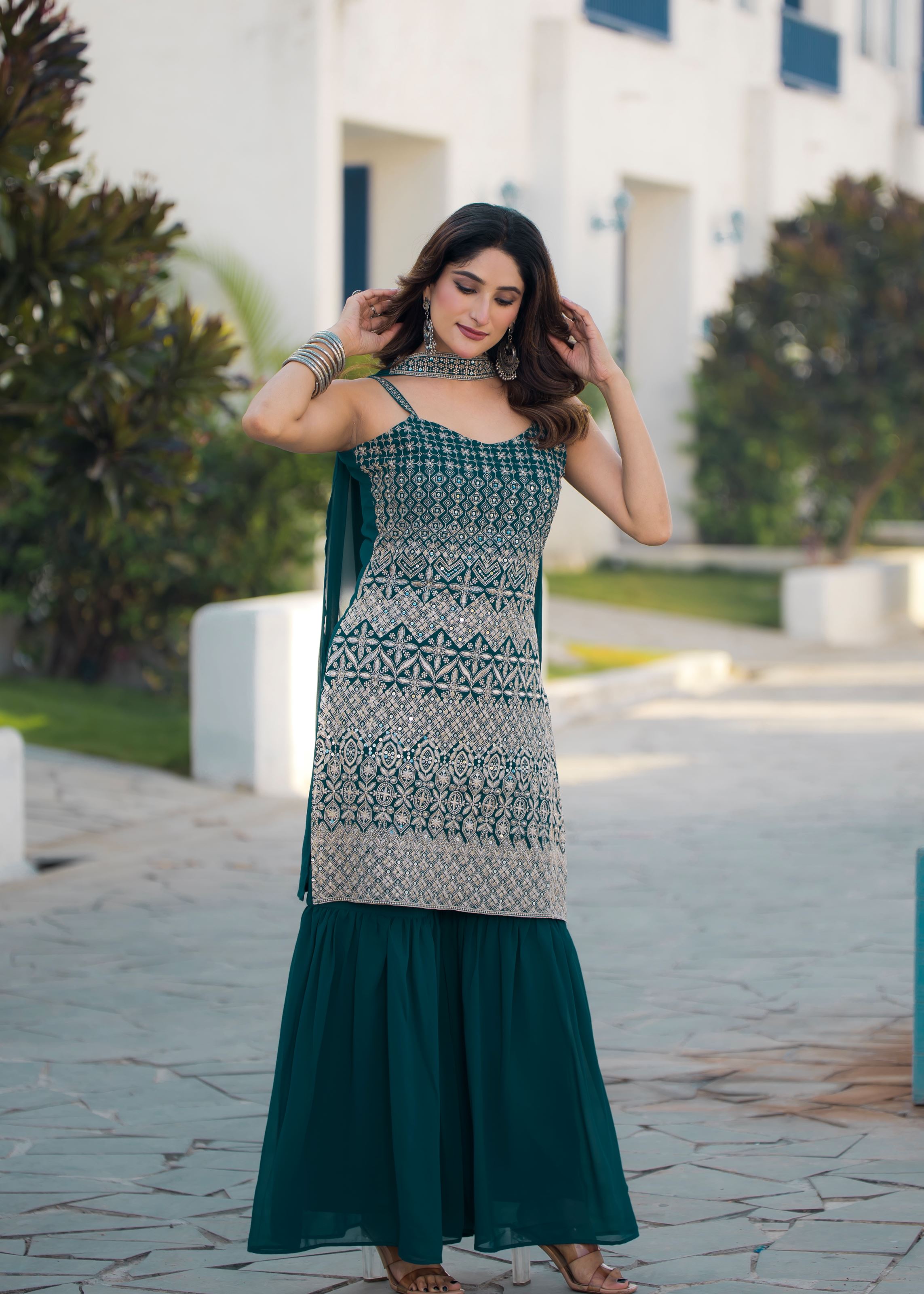 Teal Sharara Dress With Sequence Embroidered
