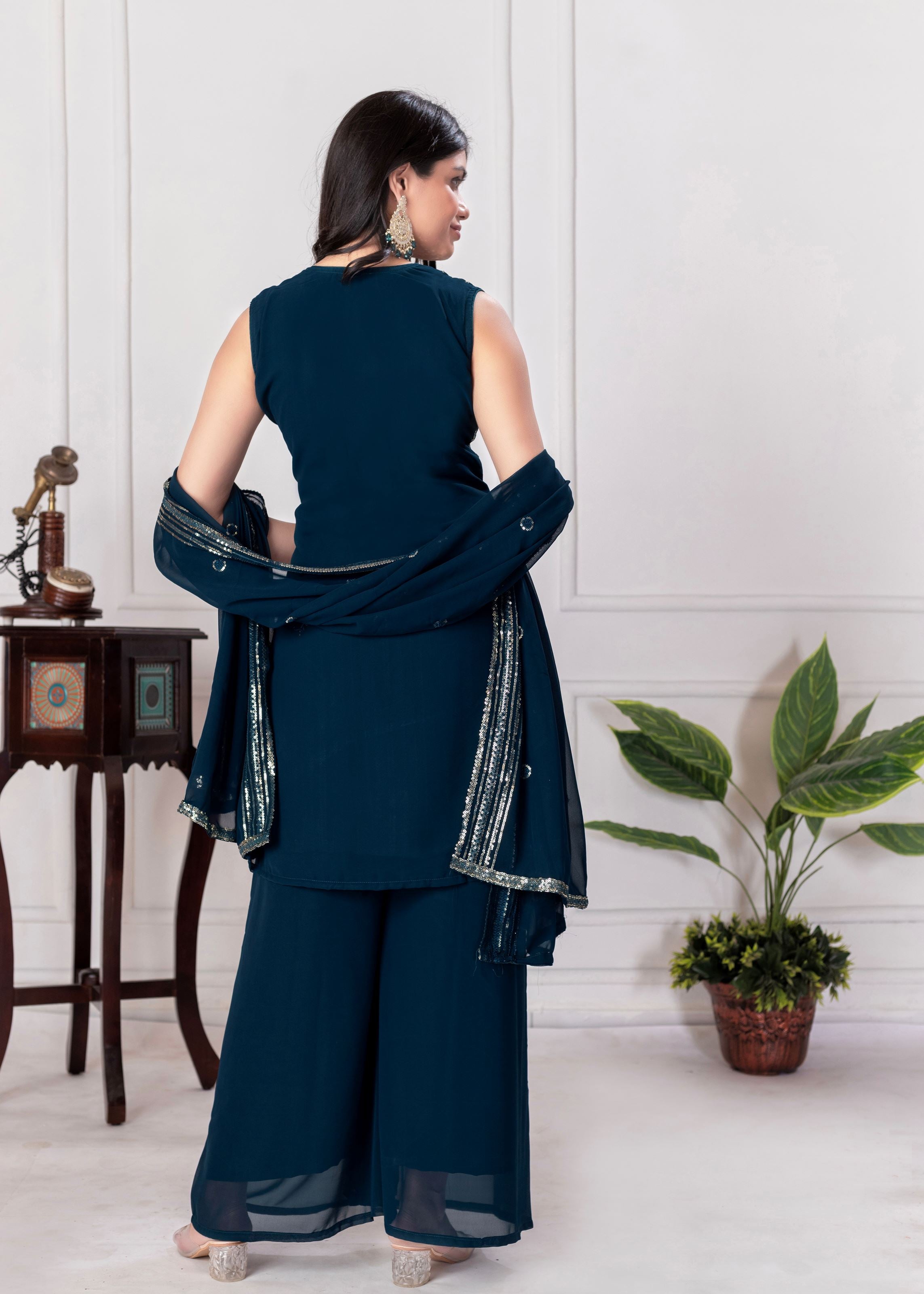 Teal Sharara Dress With Sequence Embroidered