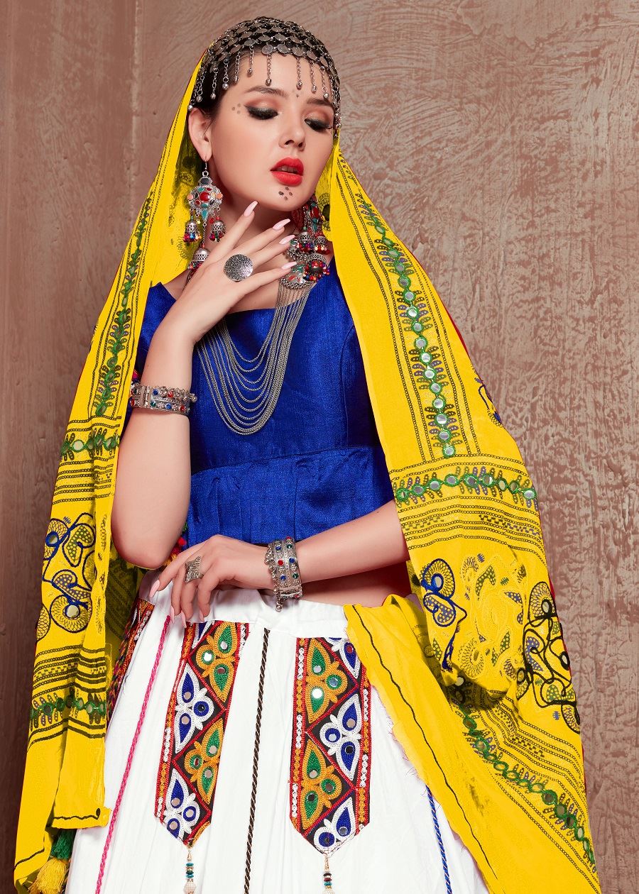 White And Blue Navratri Chaniya Choli With Gamthi Work Butta And  Tassels Lace