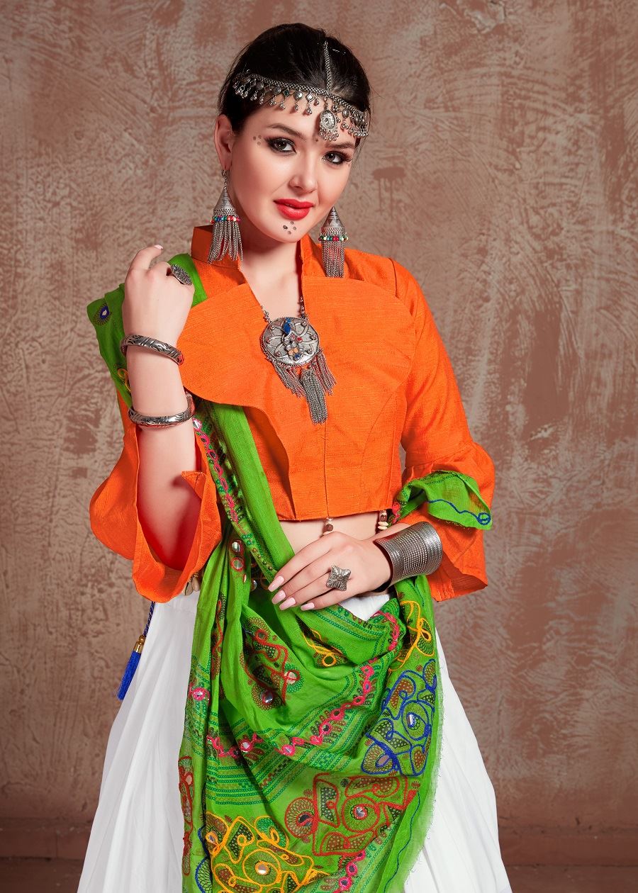 White And Orange Navratri Chaniya Choli With Gamthi Work Butta And  Tassels Lace