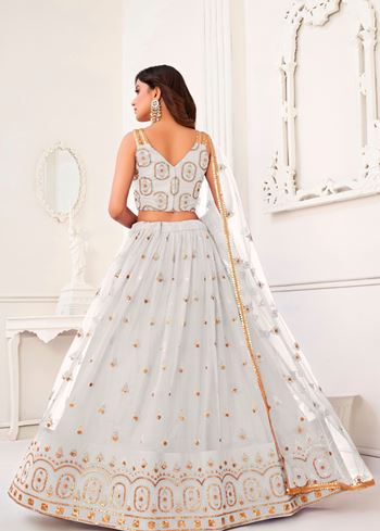 White Butterfly Net Lehenga Choli With  Thread And Zari Sandwich Sequence Embroidery Work
