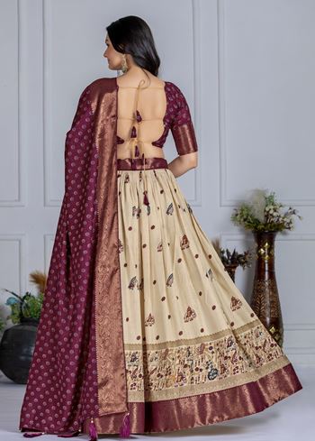 Wine Lehenga Choli With Jacquard With Jari Lining With Print