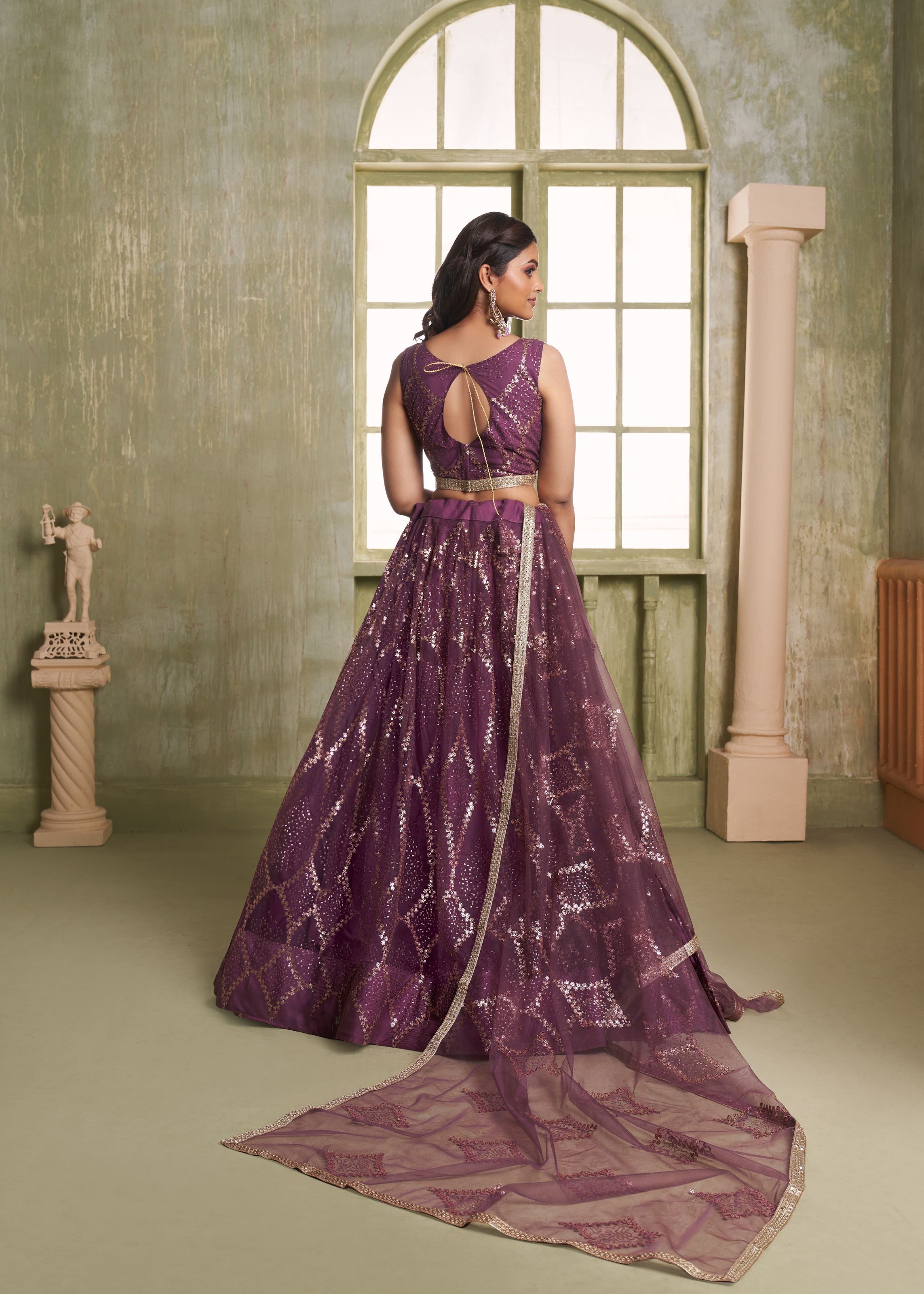 Wine Net Lehenga with Tone-to-Tone Zari  Sequence Embroidery