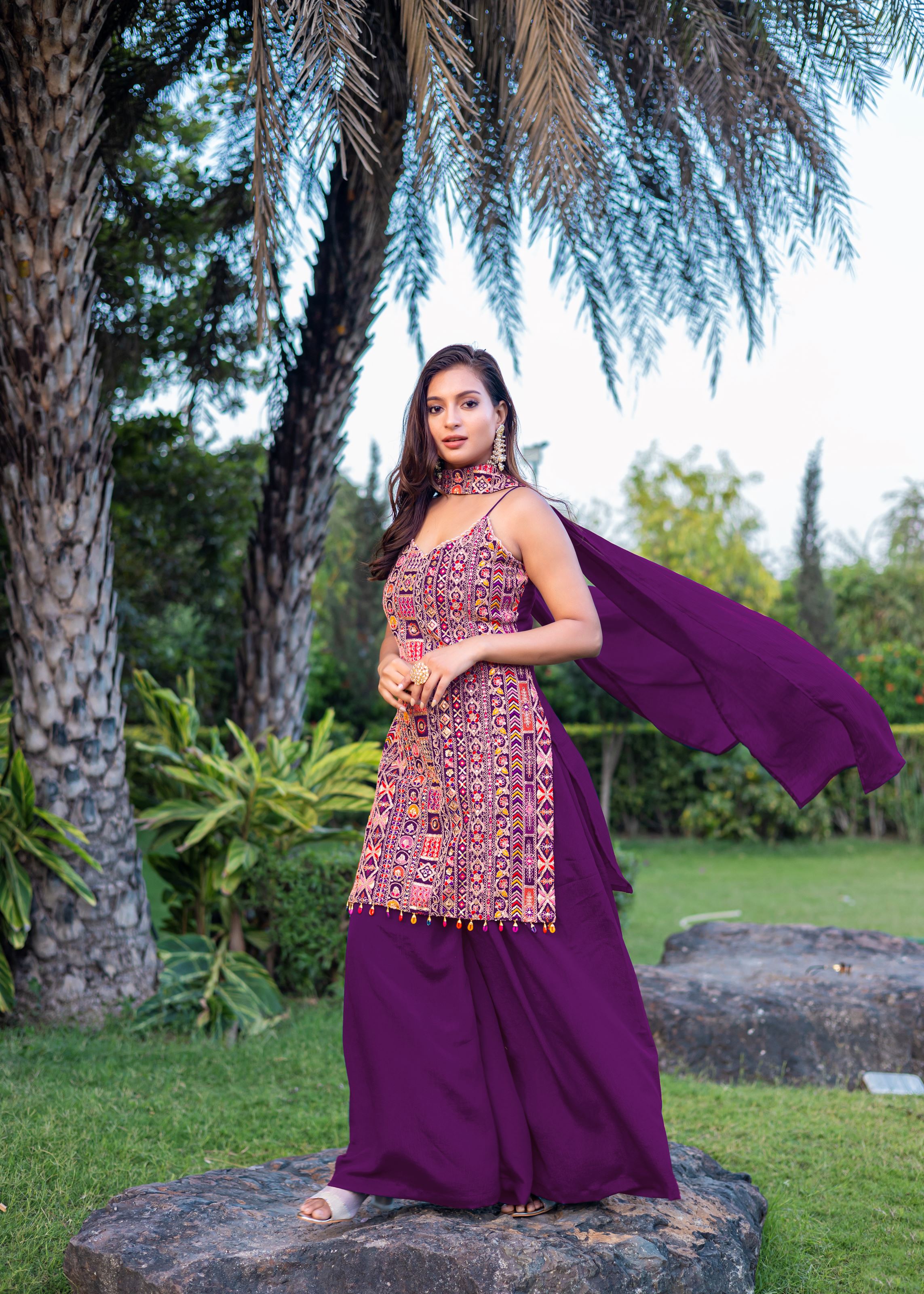 Wine Sharara Dress With Embroidery Work