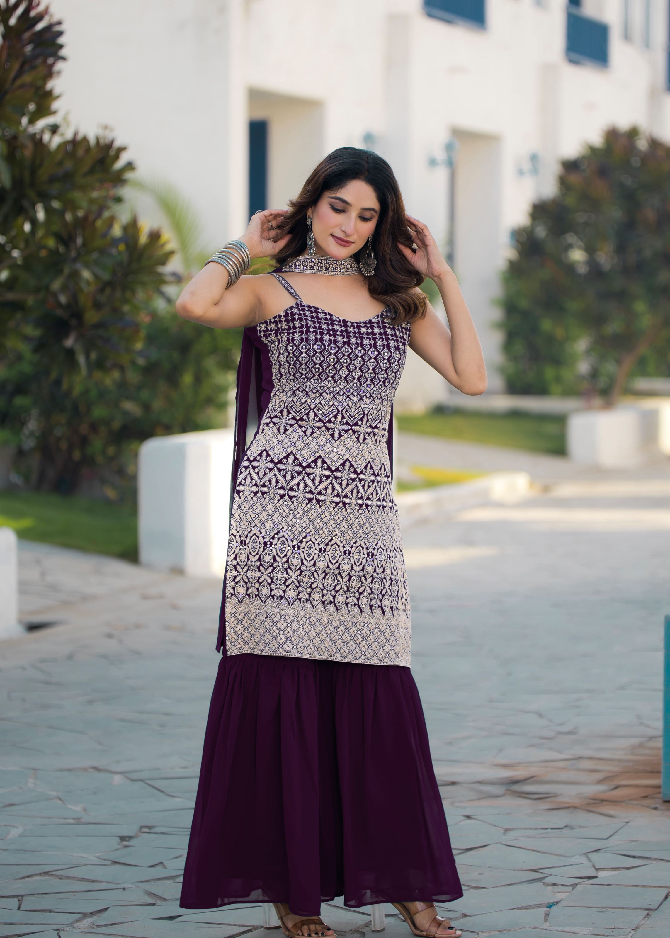 Wine Sharara Dress With Sequence Embroidered
