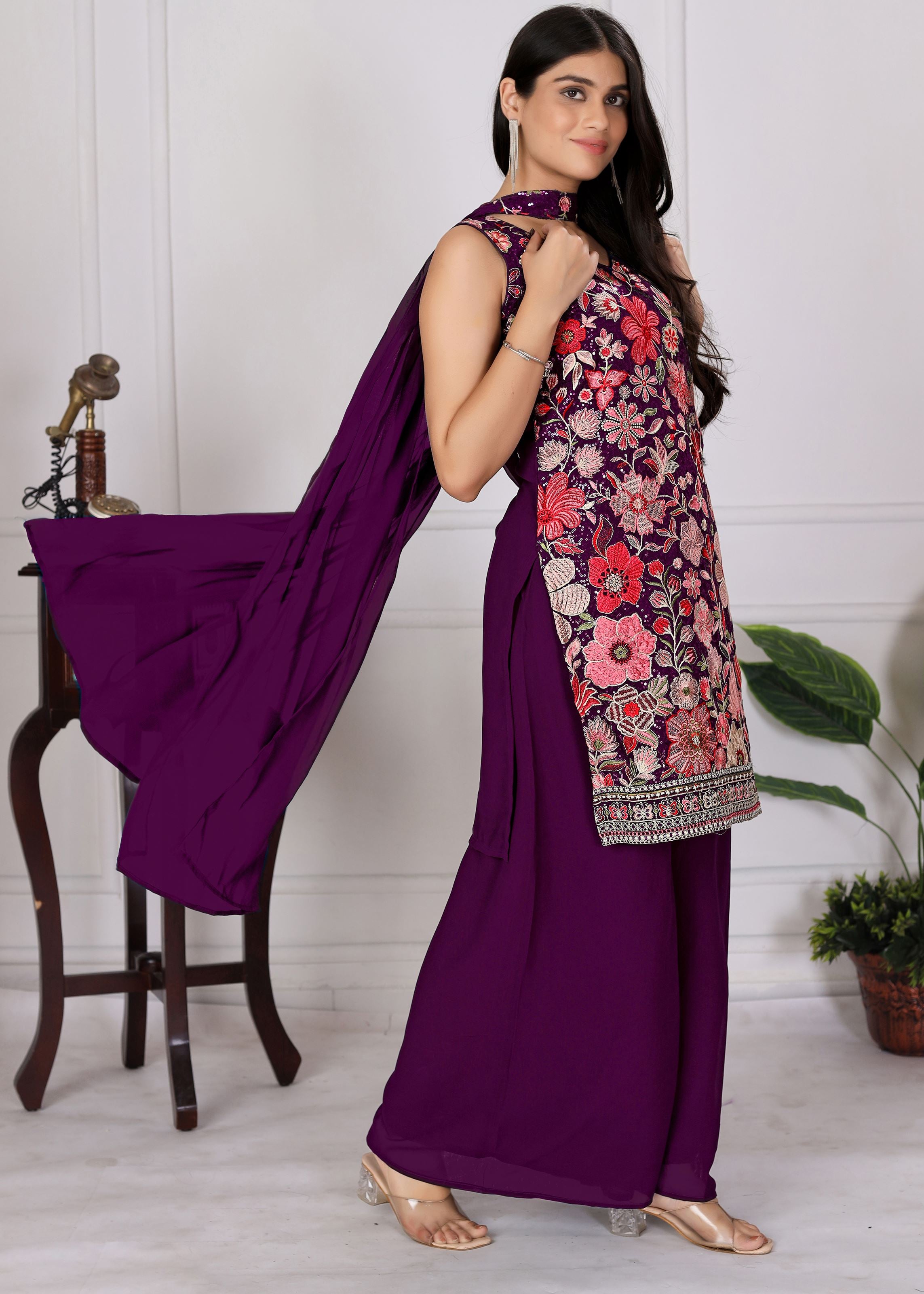 Wine Sharara Dress With Sequence Embroidered