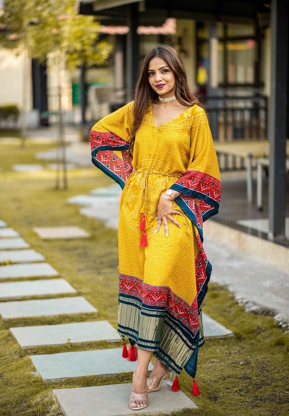 Yellow Color Pure Gaji Silk Kaftan with Gotta Patti  Tassels