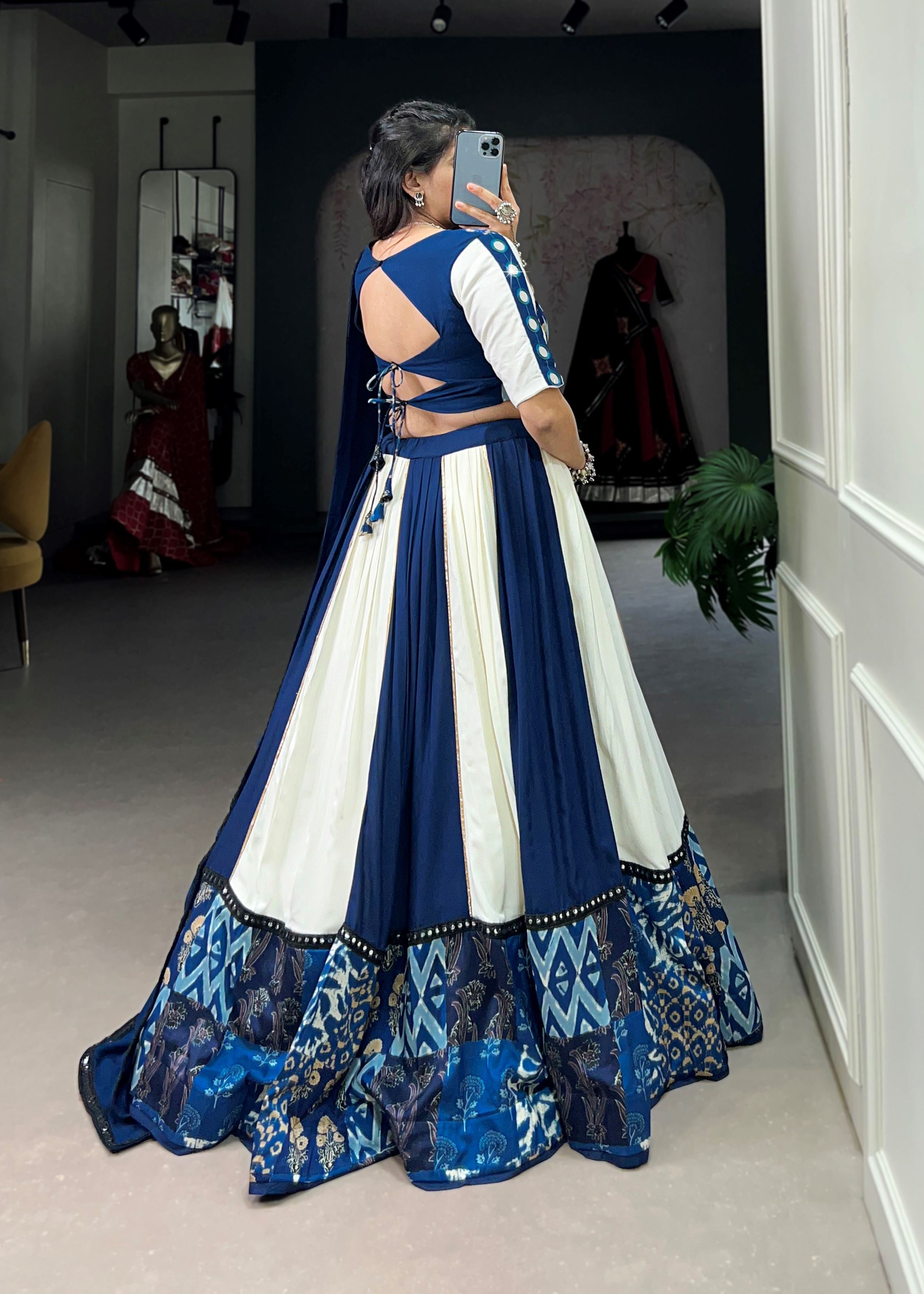 Blue Printed  Plain Rayon Lehenga with Mirror Lace and Gota Patti Sparkle