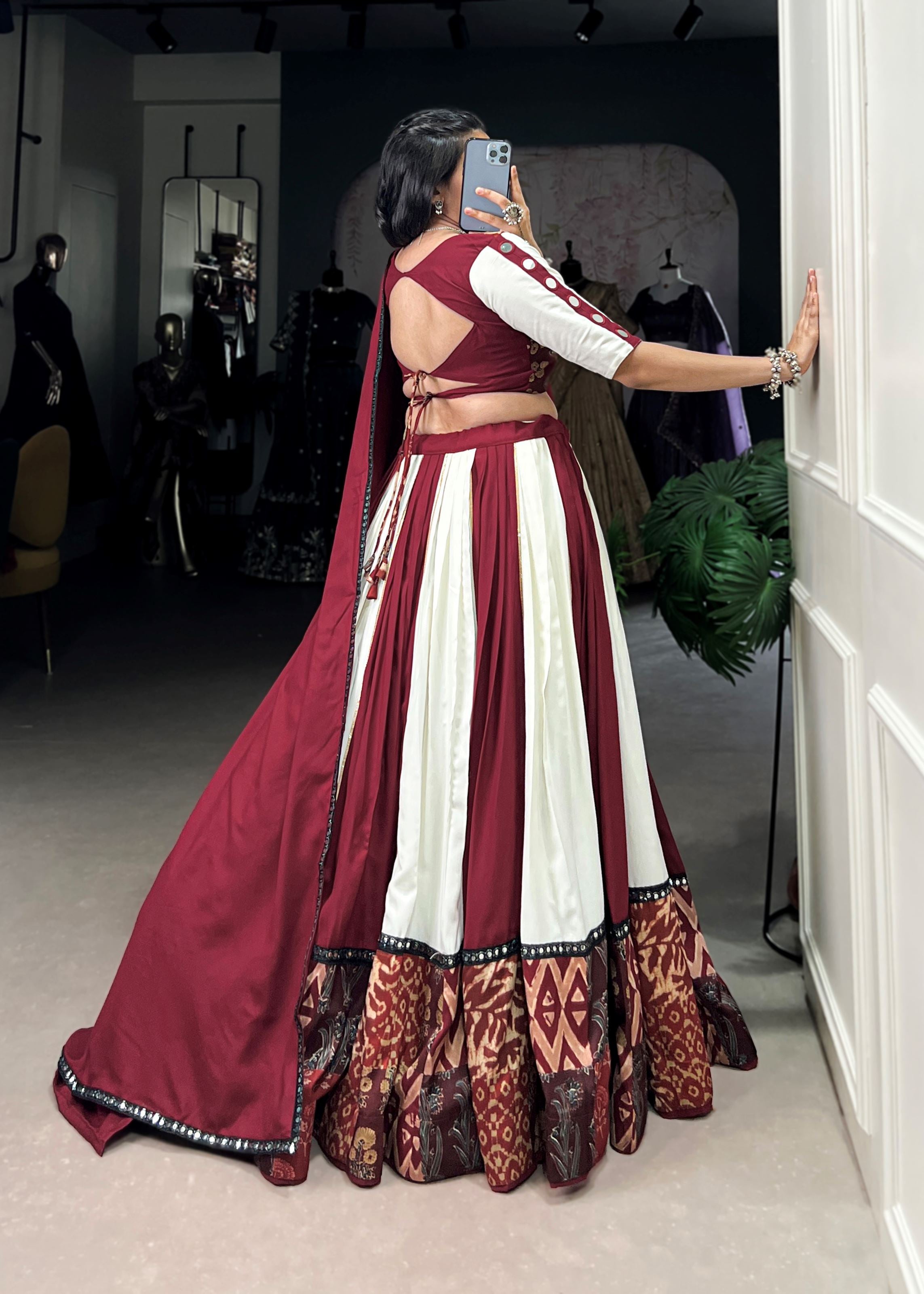 Maroon  Printed  Plain Rayon Lehenga with Mirror Lace and Gota Patti Sparkle