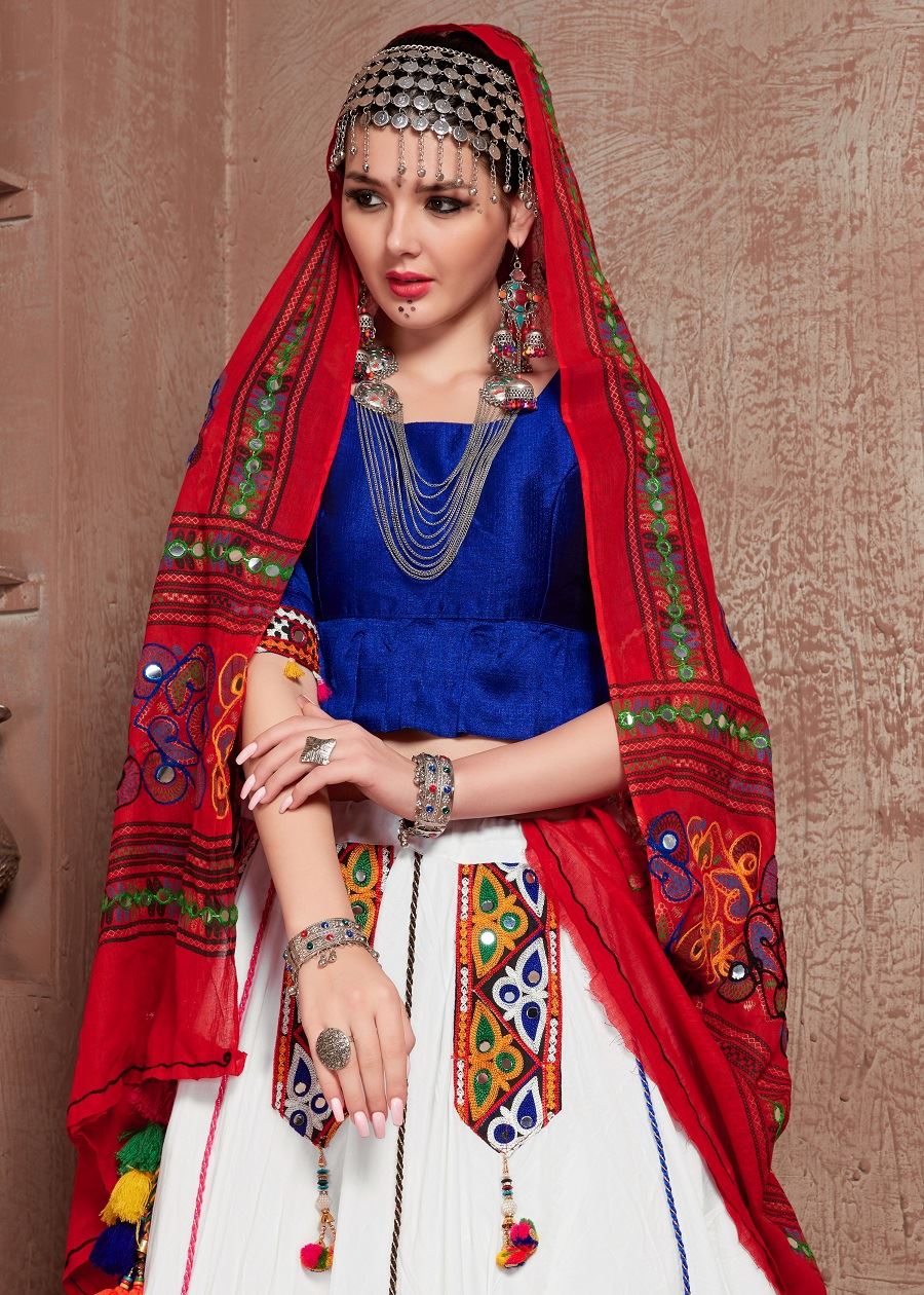 White And Blue Navratri Chaniya Choli With Gamthi Work Butta And  Tassels Lace