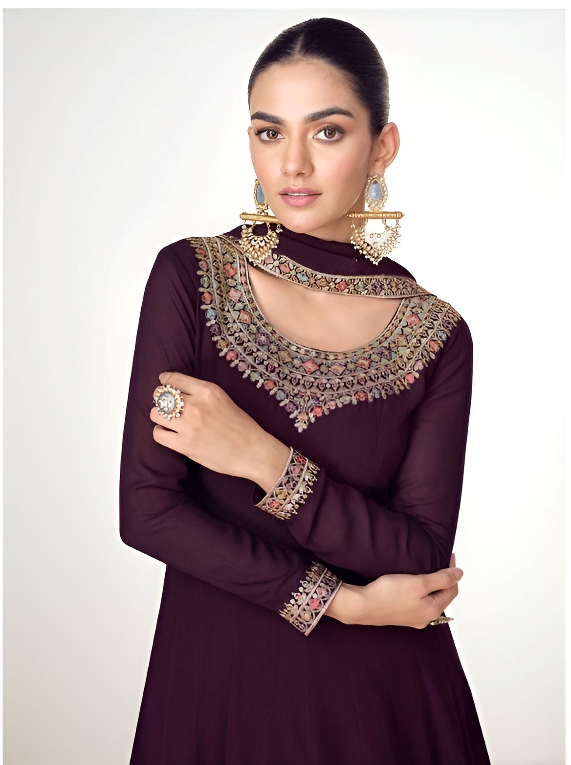 Wine Heavy Designer Suit With Heavy Embroidery Work