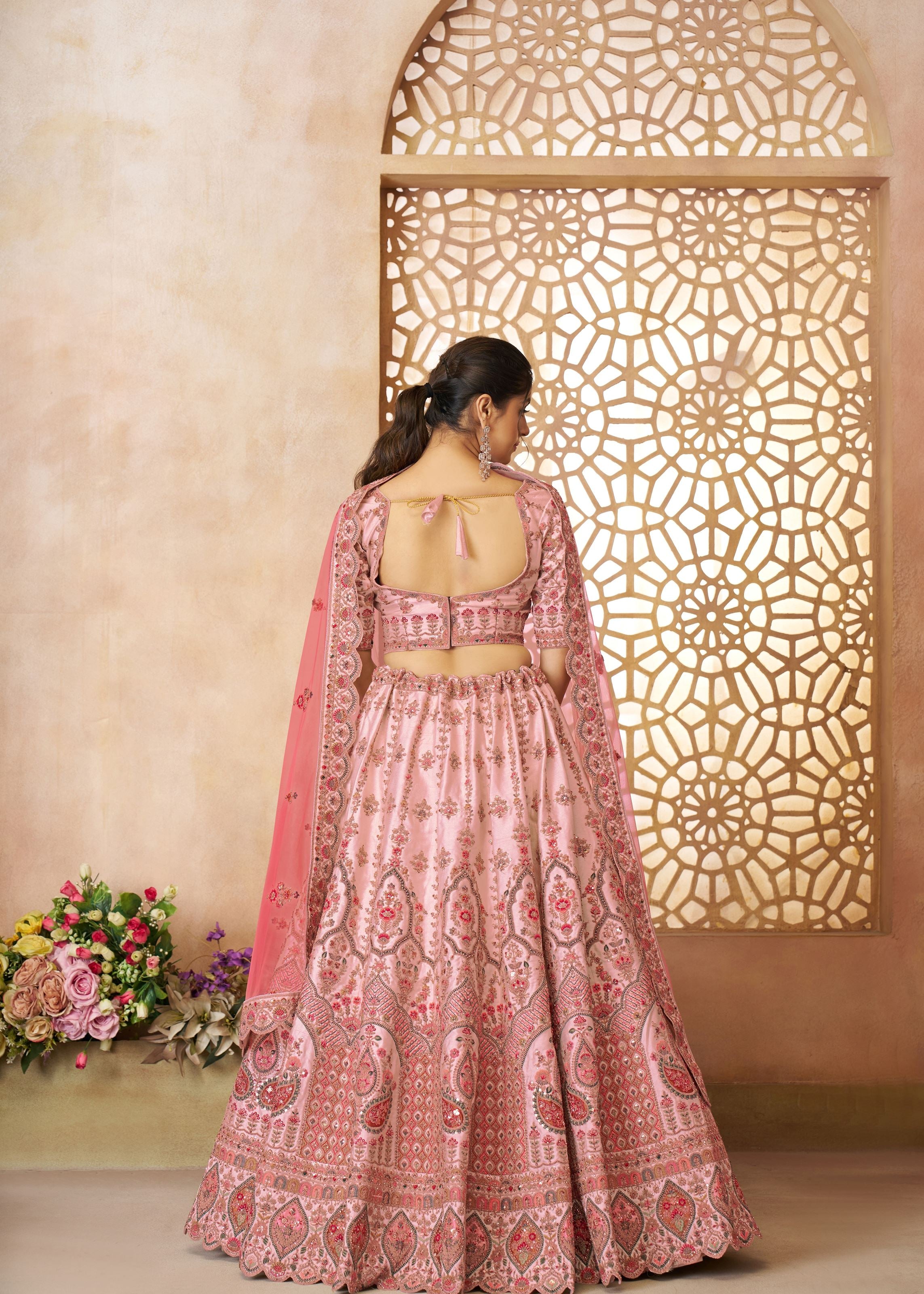 Adorable Pink Silk  Embroidery Wedding Wear Lehenga Choli