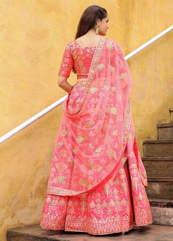 Alluring Peach Embroidered Silk Reception Lehenga Choli With Dupatta