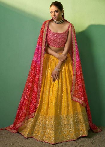 Alluring Yellow Sequins Georgette Haldi Wear Lehenga Choli With Dupatta