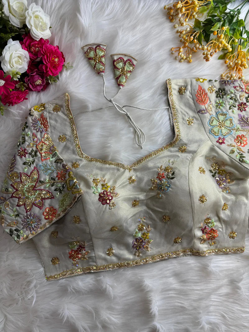 Antique Gold Pure Silk Designer Blouse with Handwork & Sequins Sleeves for Women