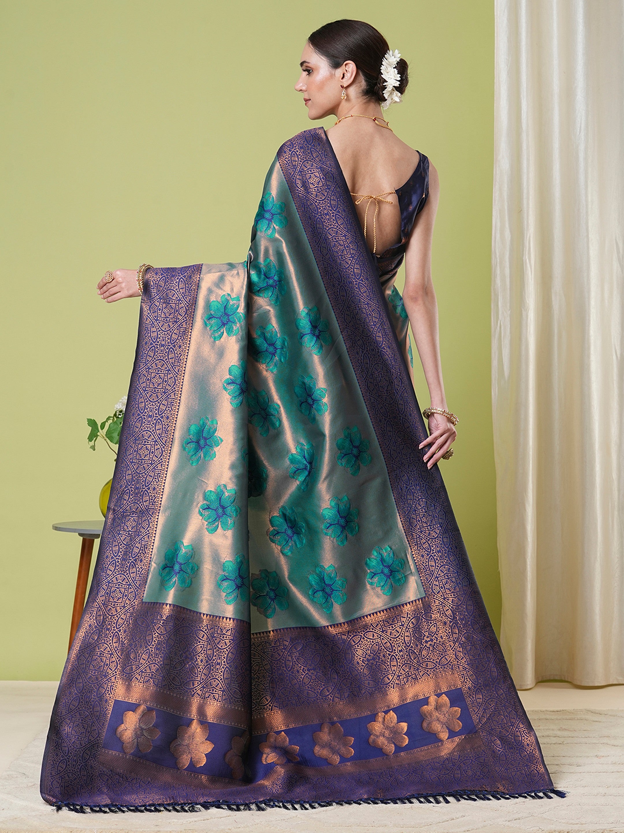 Aqua Banarasi Silk Woven Jacquard Designer Partywear Saree