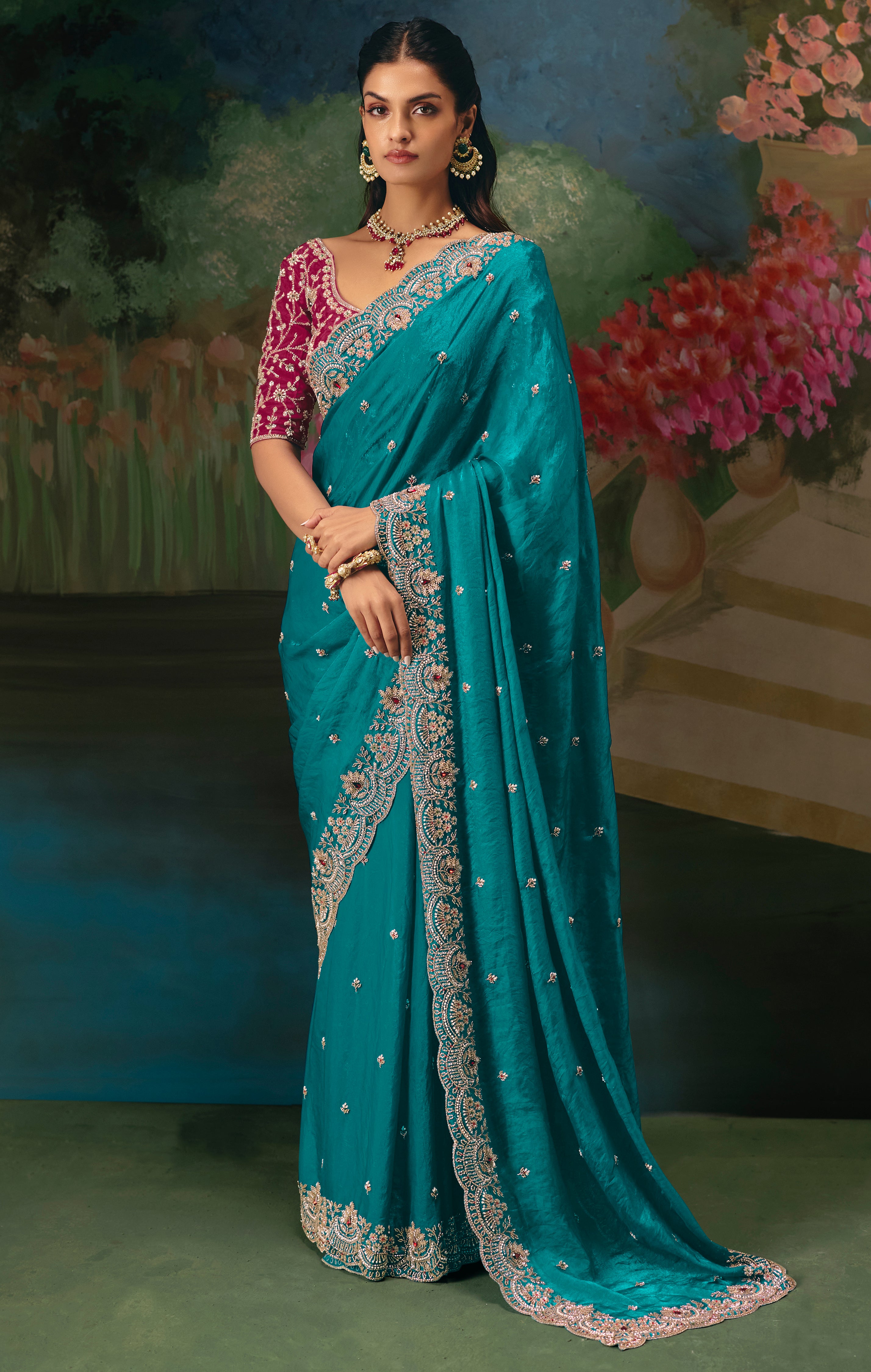 Aqua Blue Saree With  Heavy Designer Embroidery, Sequince, Stone, With Beads Work