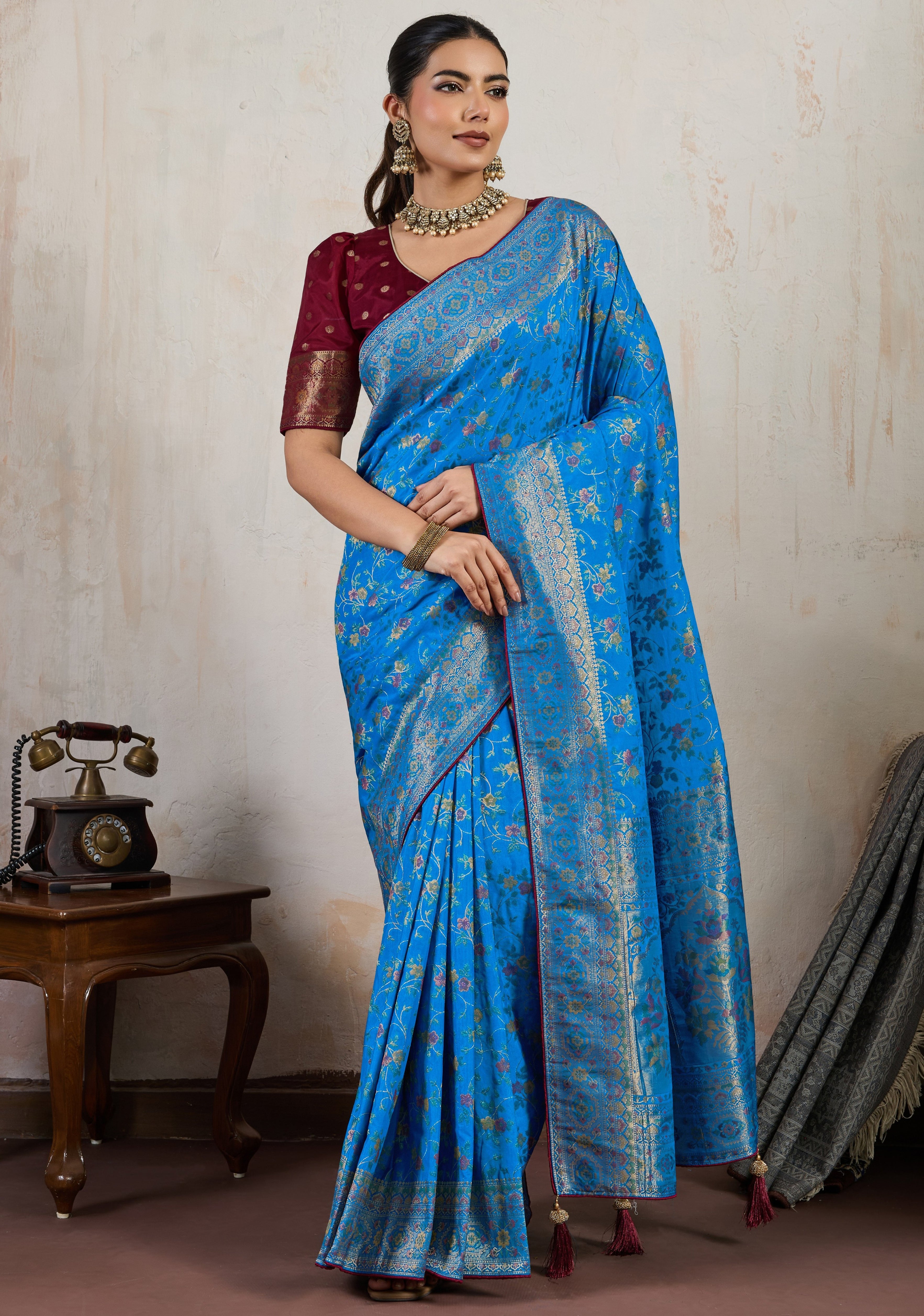 Aqua Blue Saree With  Meenakari with 3 Zari Shades & 8 Color Thread Shades, Creating a Masterpiece
