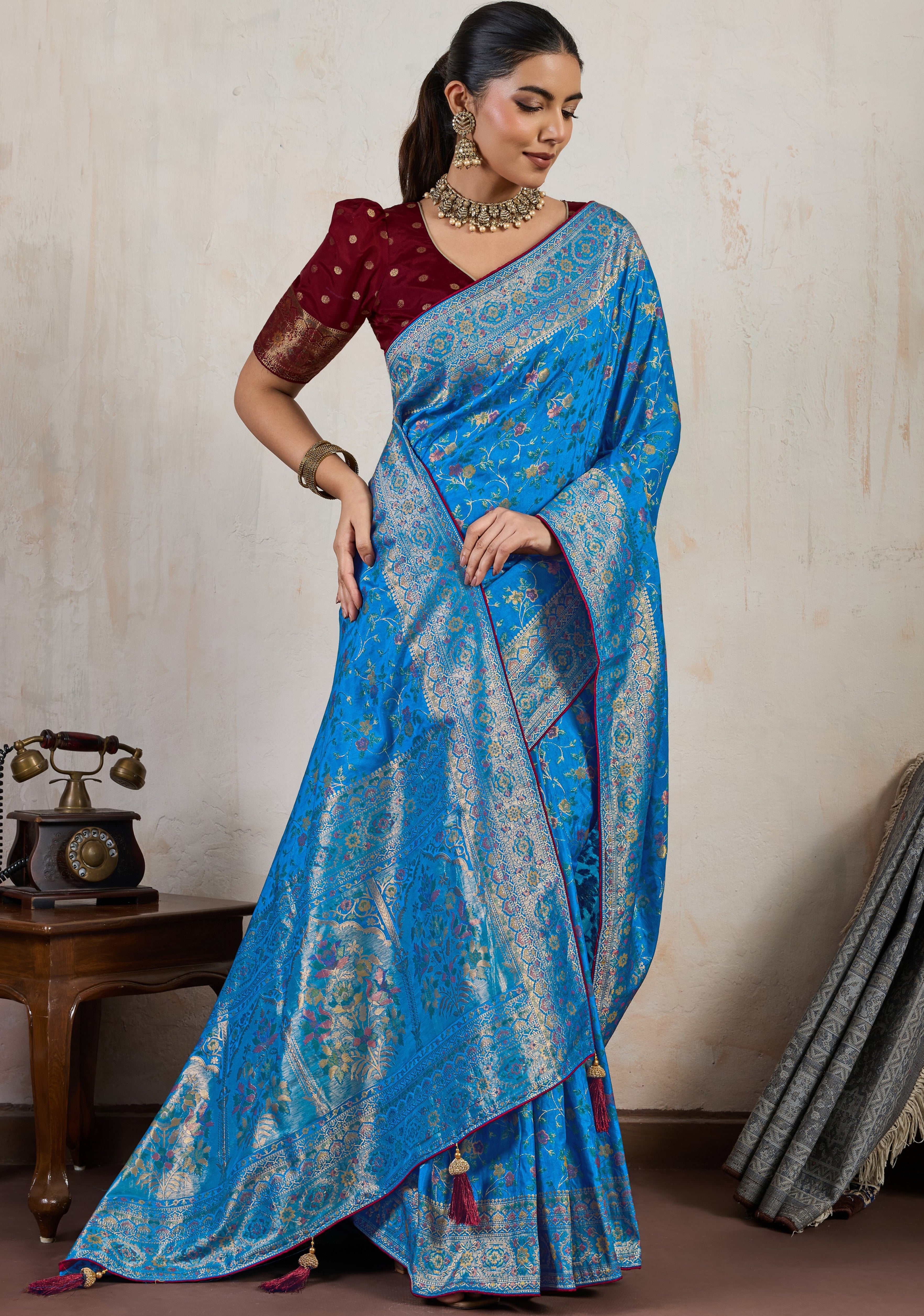 Aqua Blue Saree With  Meenakari with 3 Zari Shades & 8 Color Thread Shades, Creating a Masterpiece