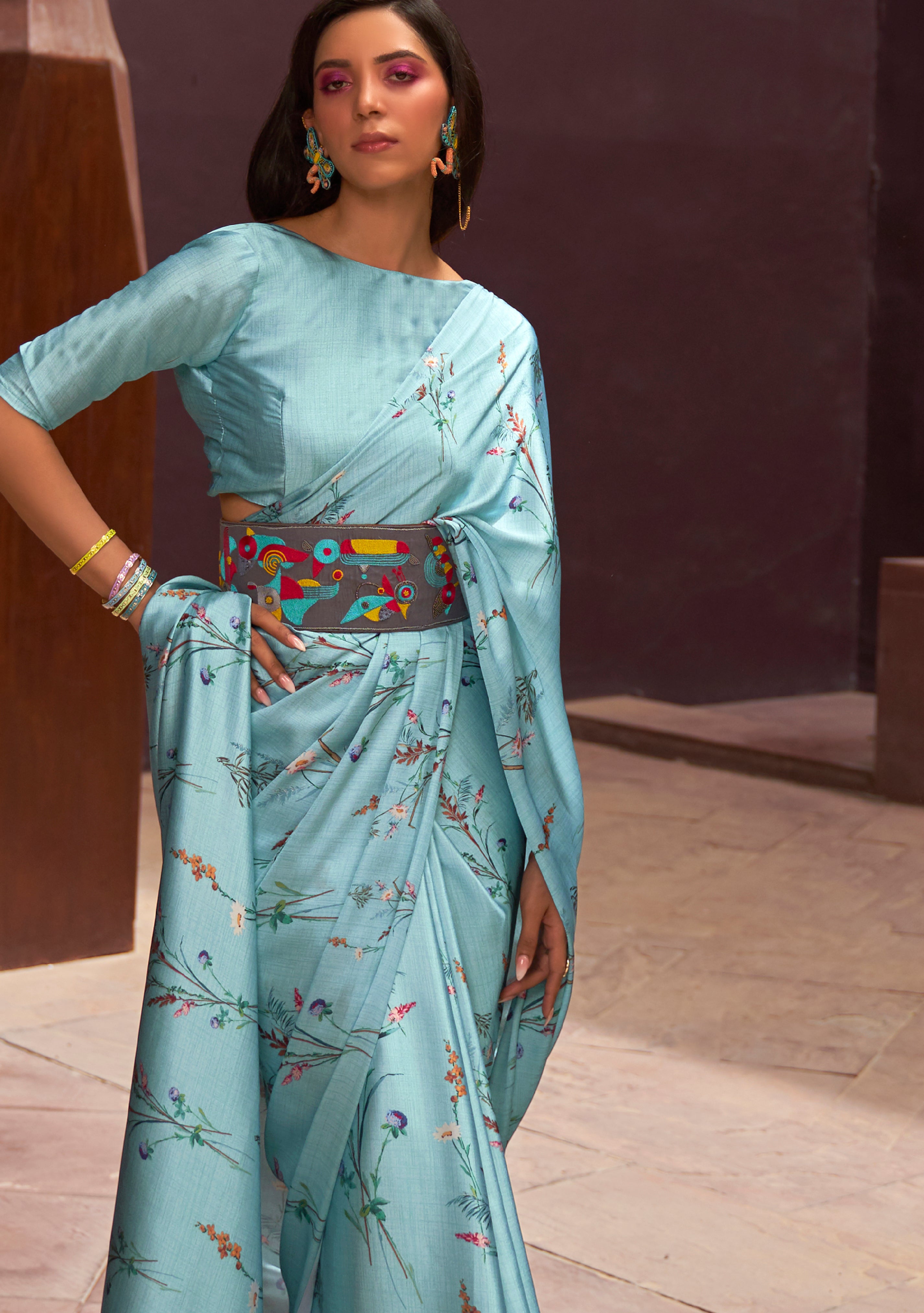 Aqua Blue Satin Crepe  Saree With Digital Printed Work