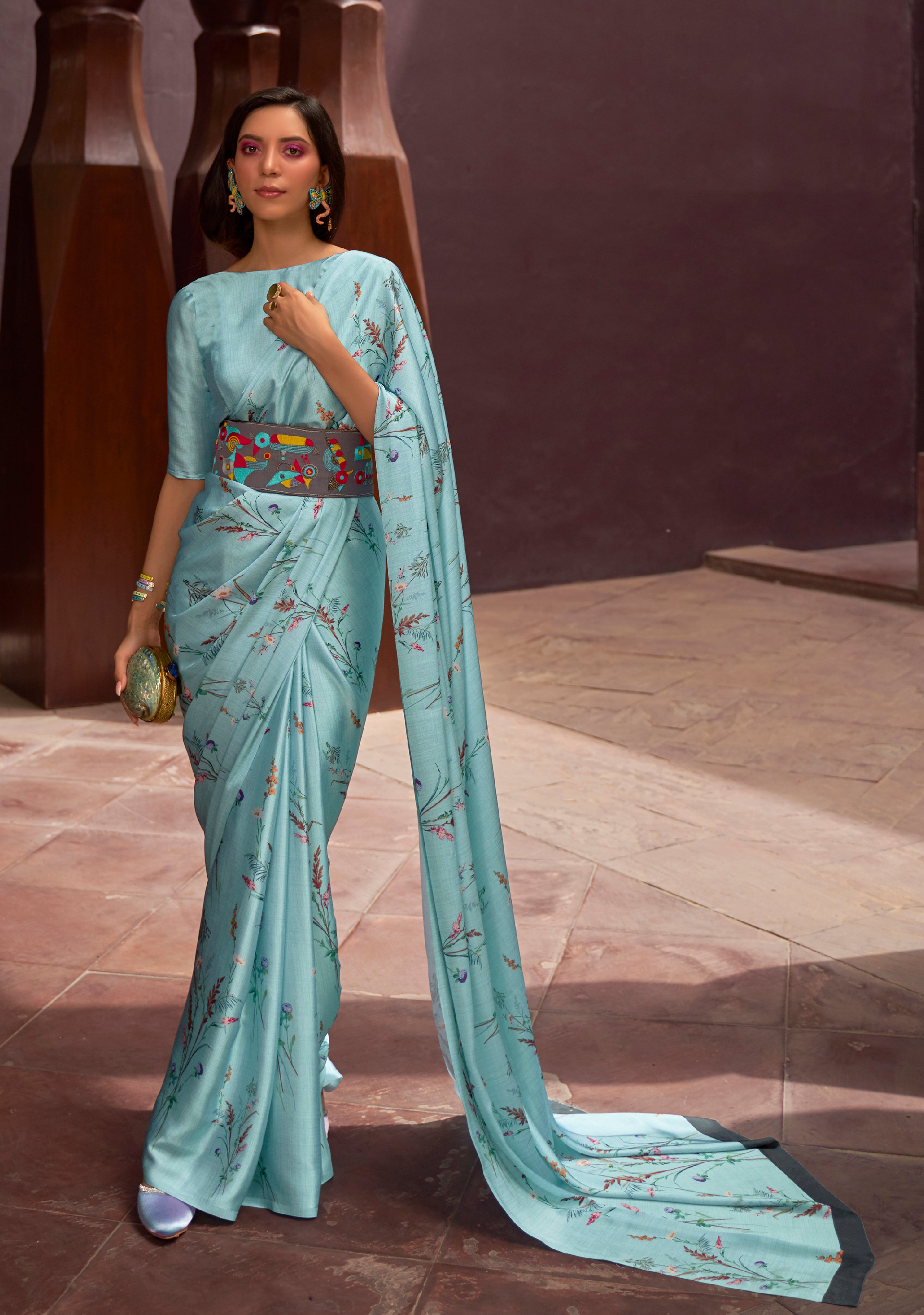 Aqua Blue Satin Crepe  Saree With Digital Printed Work