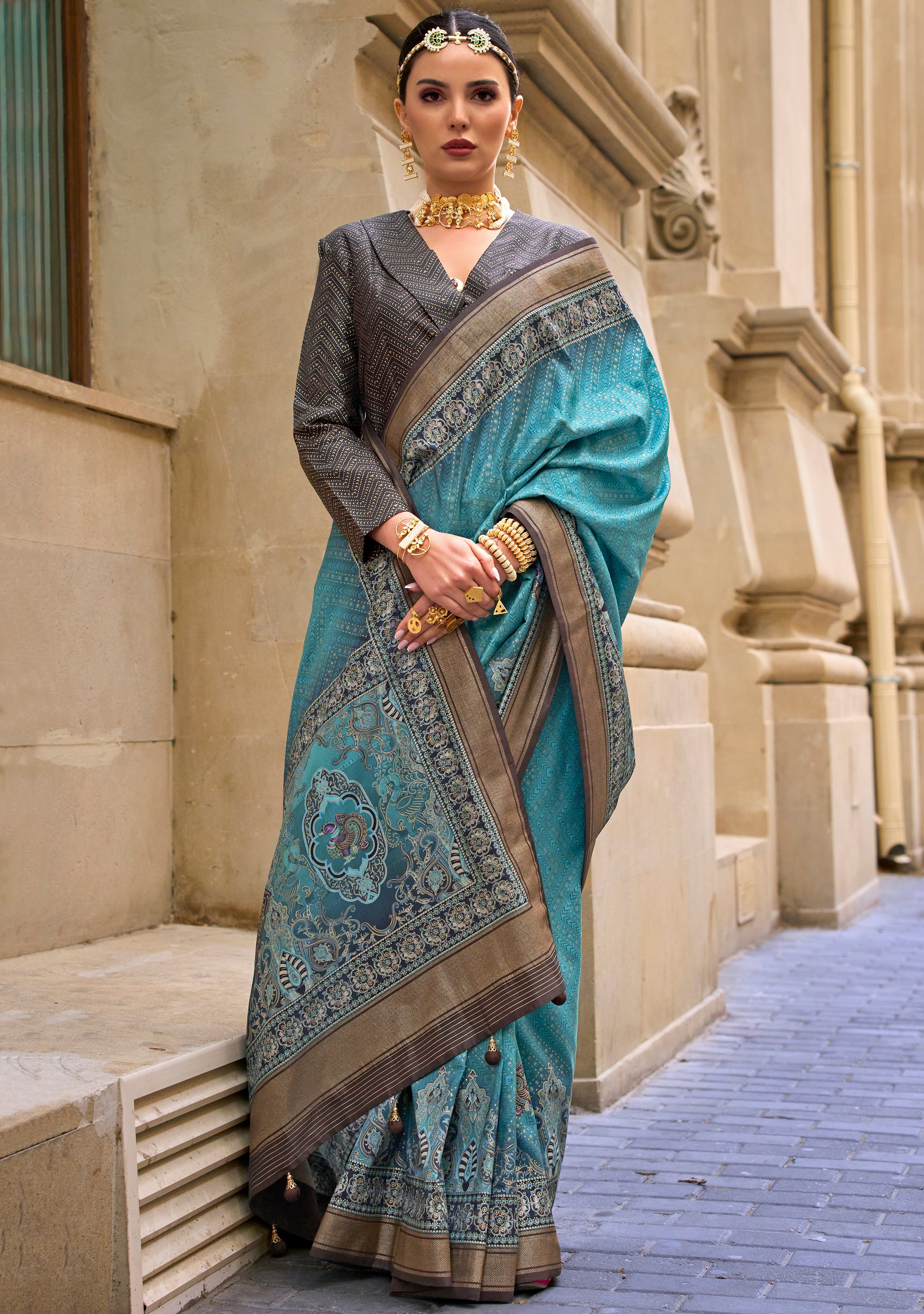 Aqua Blue Silk Saree With  Foil Print