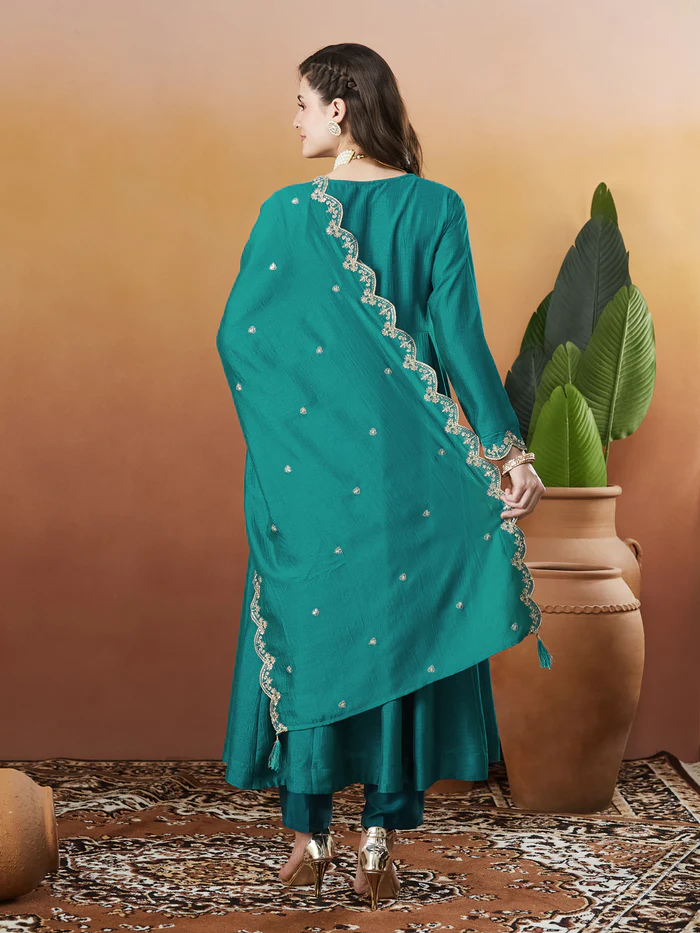 Aqua Blue Vichitra Silk Kurta Pant Set With Thread Embroidered With Sequins Work