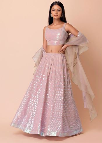 Astonishing Pink Embroidered Georgette Party Wear Lehenga Choli