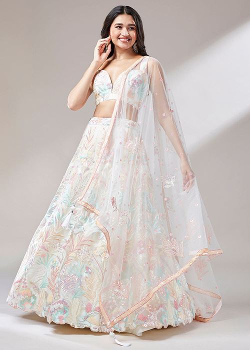 Astounding Off-White Sequins Soft Net Wedding Wear Lehenga Choli